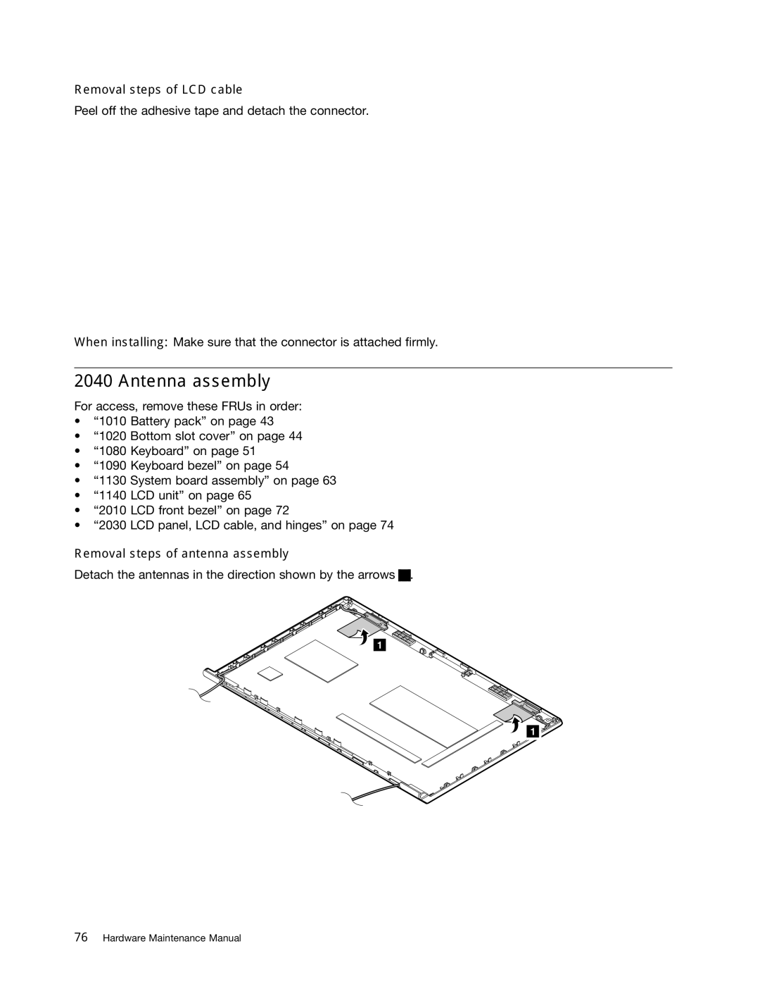 Lenovo B575E manual Antenna assembly, Removal steps of LCD cable, Removal steps of antenna assembly 