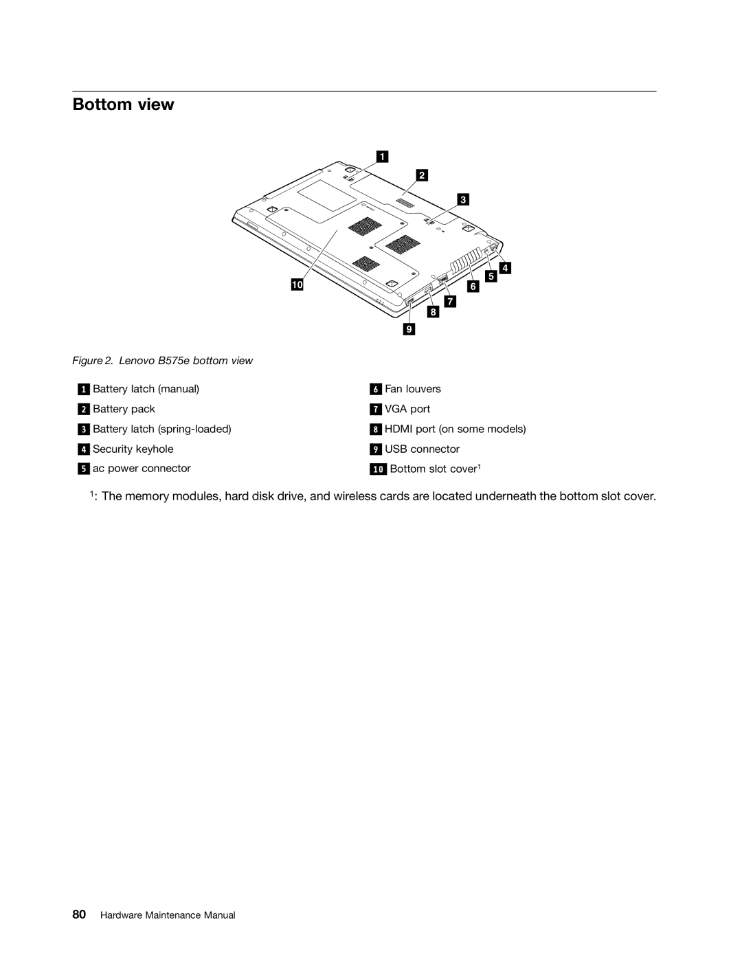 Lenovo B575E manual Bottom view, Lenovo B575e bottom view 