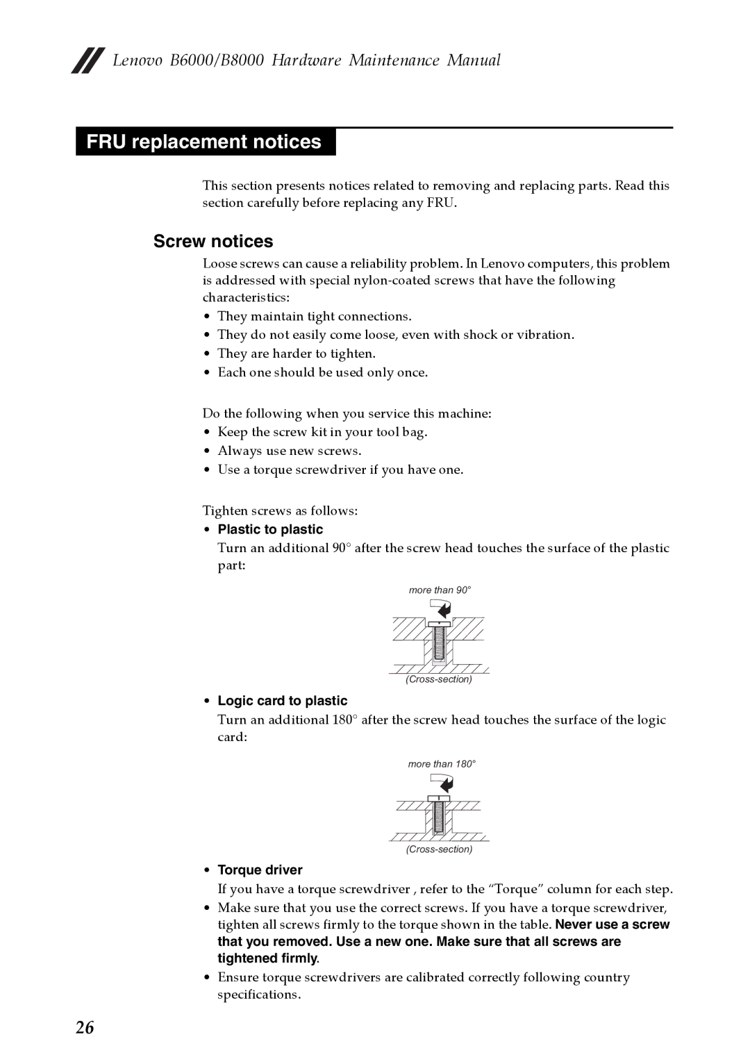 Lenovo B8000, B6000 manual FRU replacement notices, Screw notices, Plastic to plastic, Logic card to plastic, Torque driver 