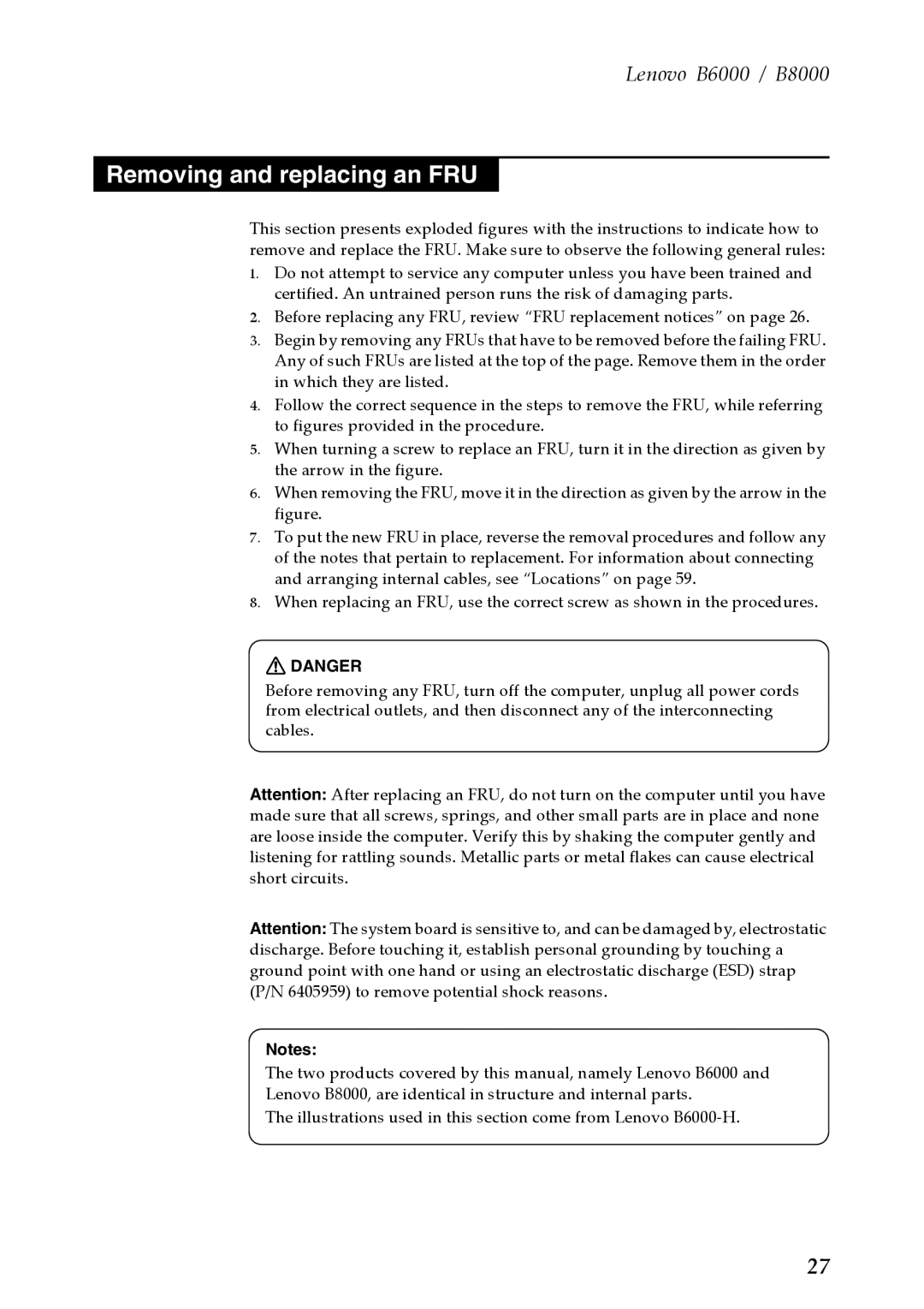 Lenovo B6000, B8000 manual Removing and replacing an FRU 