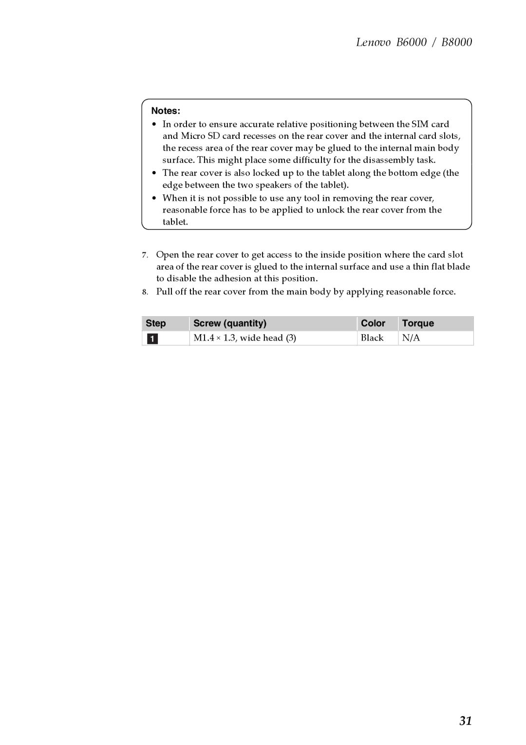 Lenovo B6000, B8000 manual Step Screw quantity Color Torque 