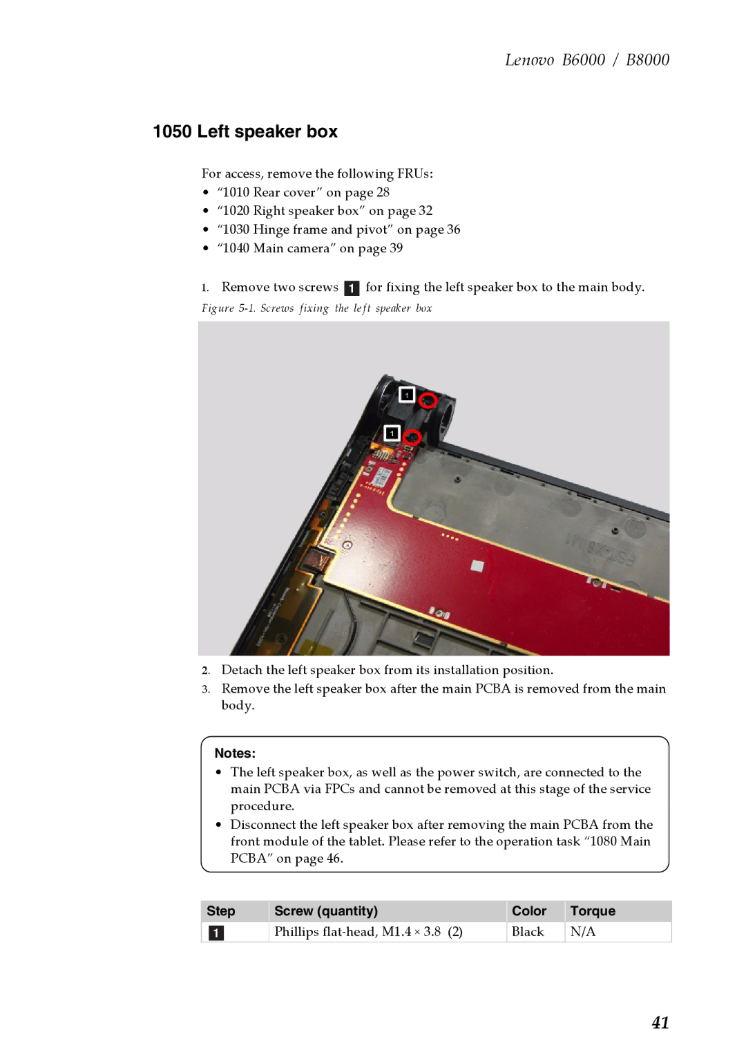 Lenovo B6000, B8000 manual Left speaker box, Screws fixing the left speaker box 