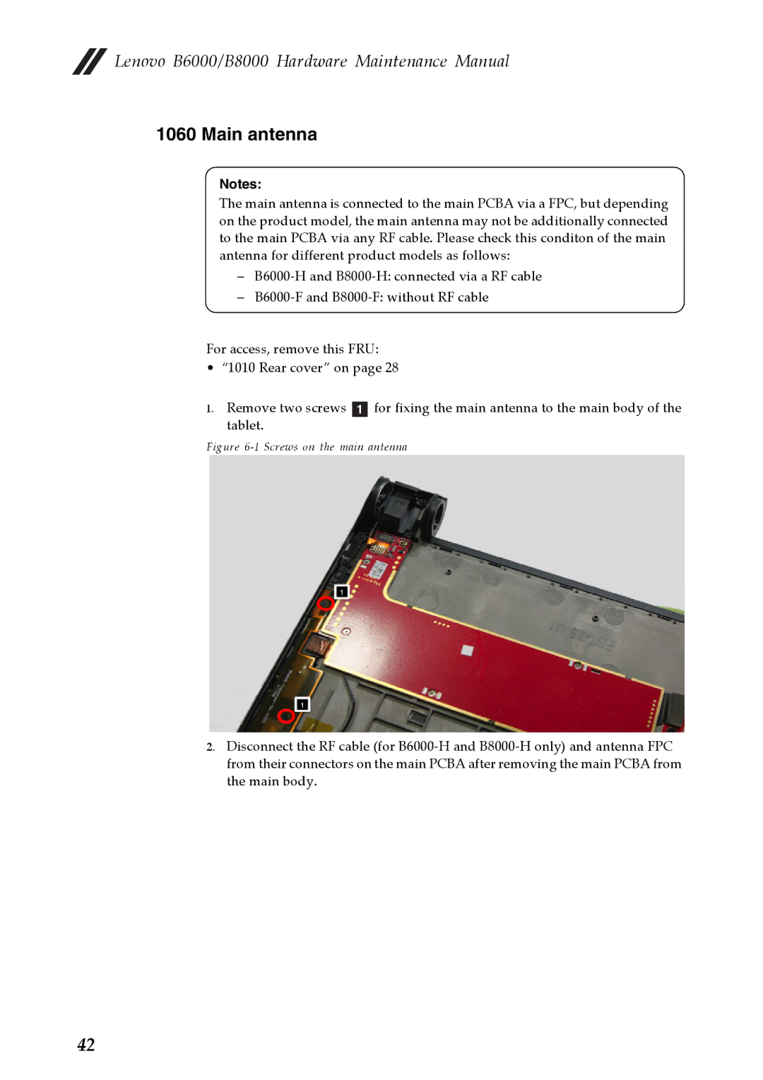 Lenovo B8000, B6000 manual Main antenna, Screws on the main antenna 