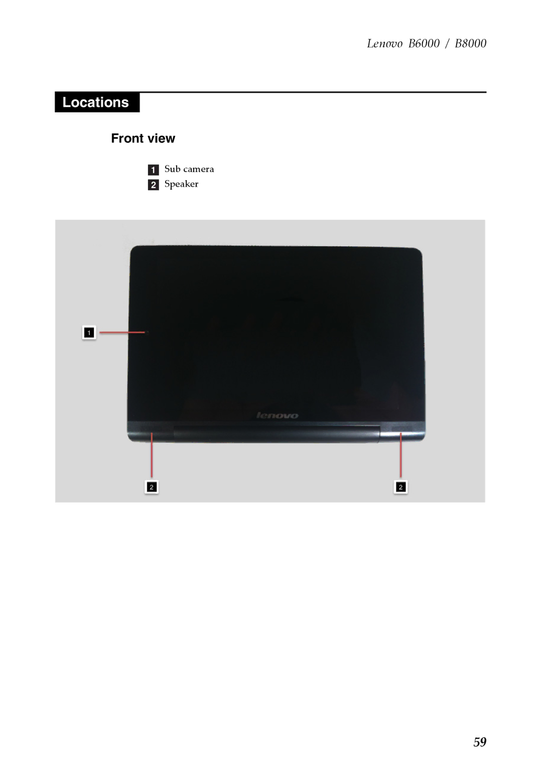 Lenovo B6000, B8000 manual Locations, Front view 