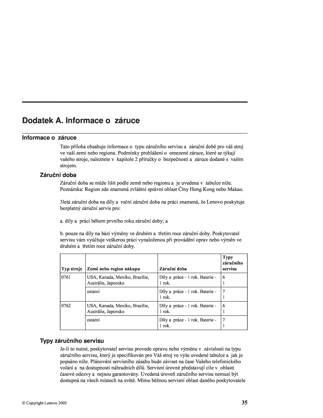 Lenovo C100 manual Dodatek A. Informace o záruce, Záruční doba, Typy záručního servisu 