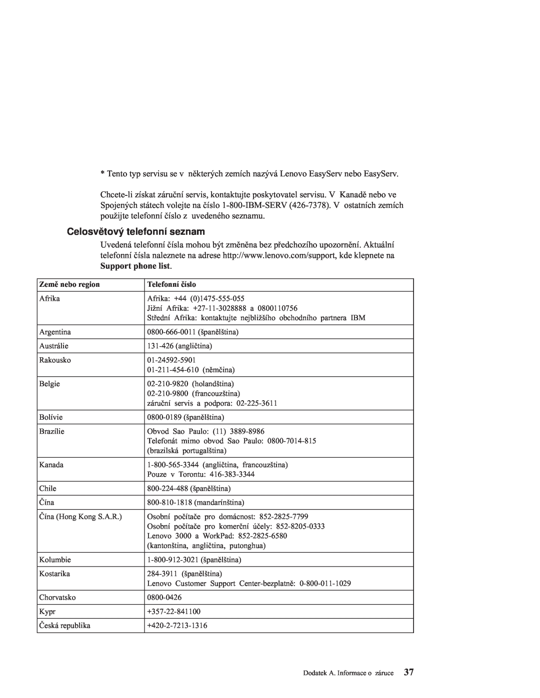 Lenovo C100 manual Celosvětový telefonní seznam, Země nebo region, Telefonní číslo 