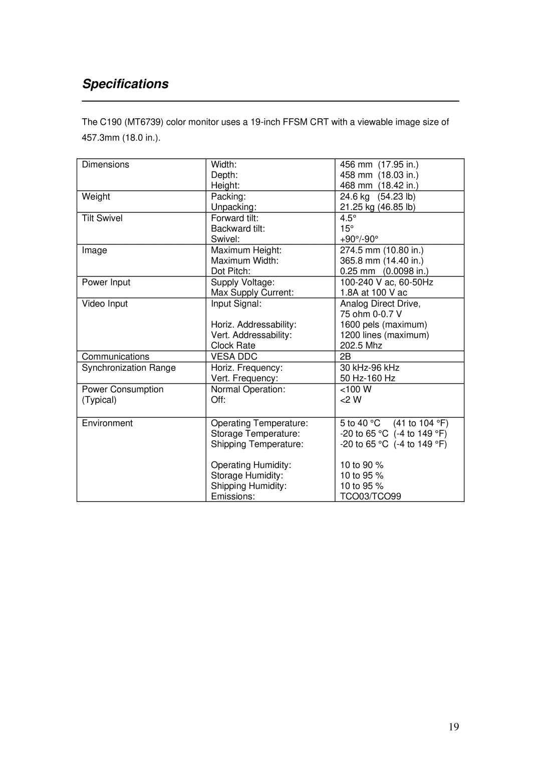 Lenovo C190 manual Specifications, Vesa DDC, TCO03/TCO99 