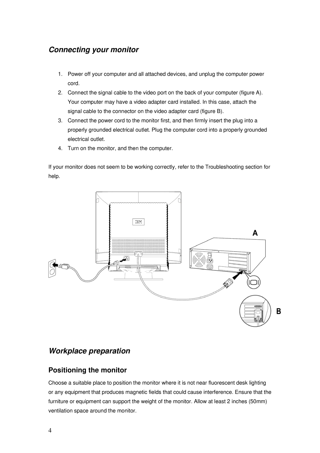 Lenovo C190 manual Connecting your monitor, Workplace preparation, Positioning the monitor 