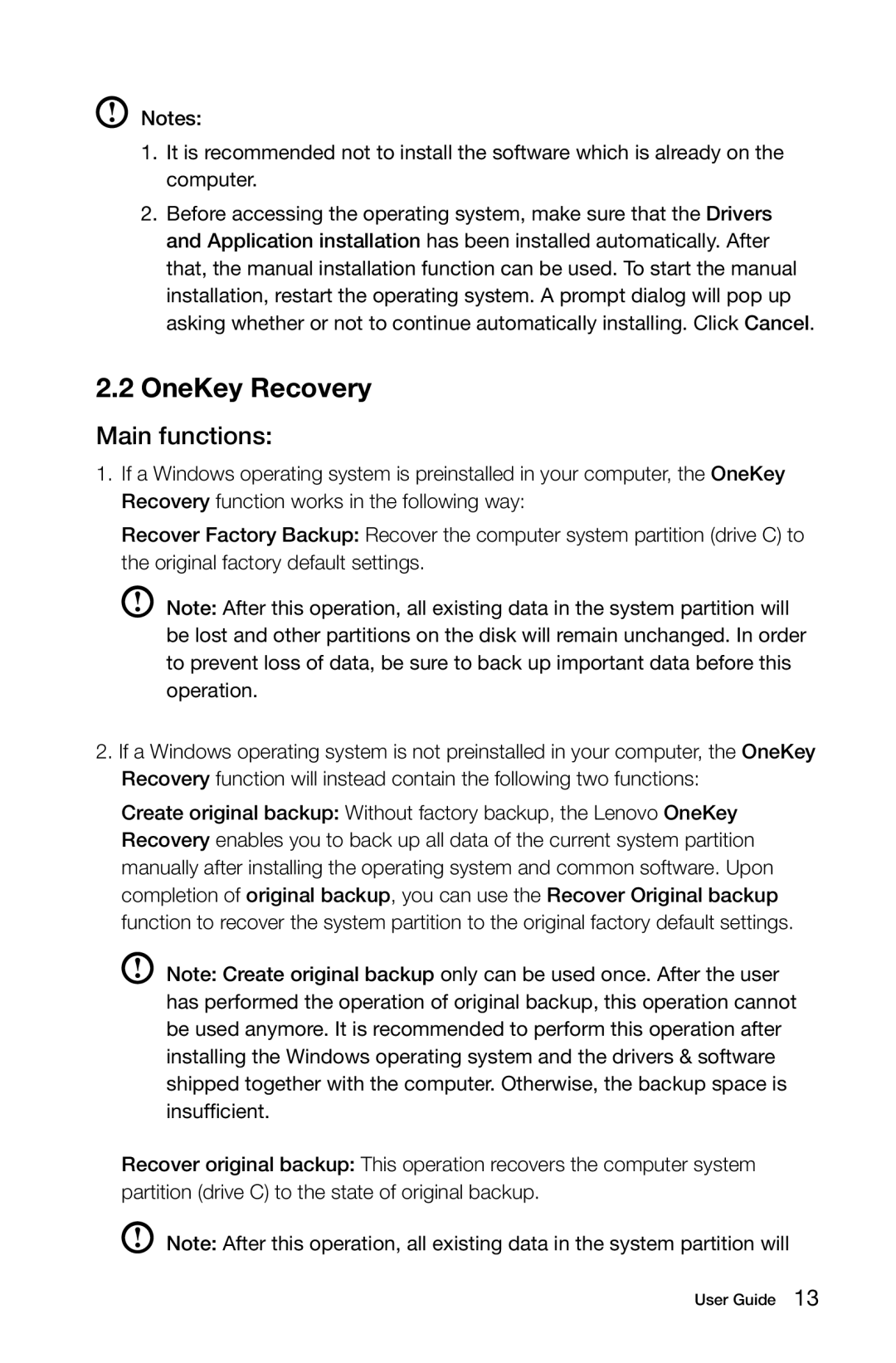 Lenovo C2 manual OneKey Recovery, Main functions 