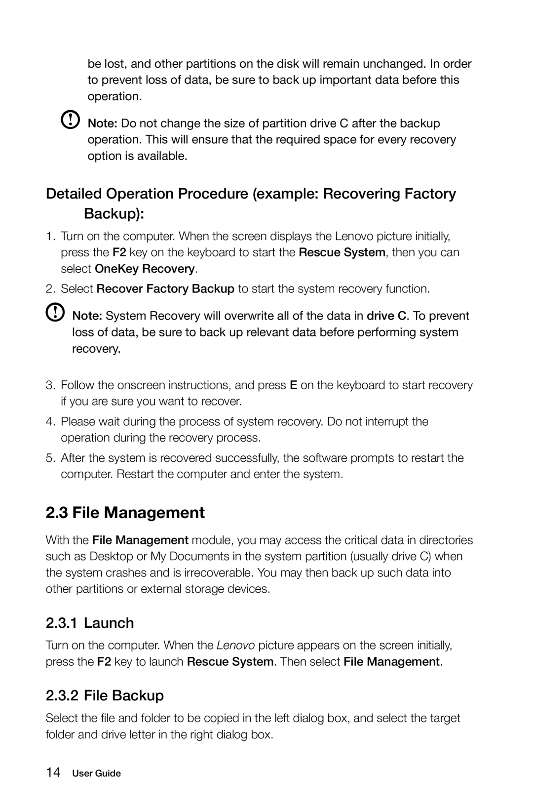 Lenovo C2 manual File Management, Launch, File Backup 