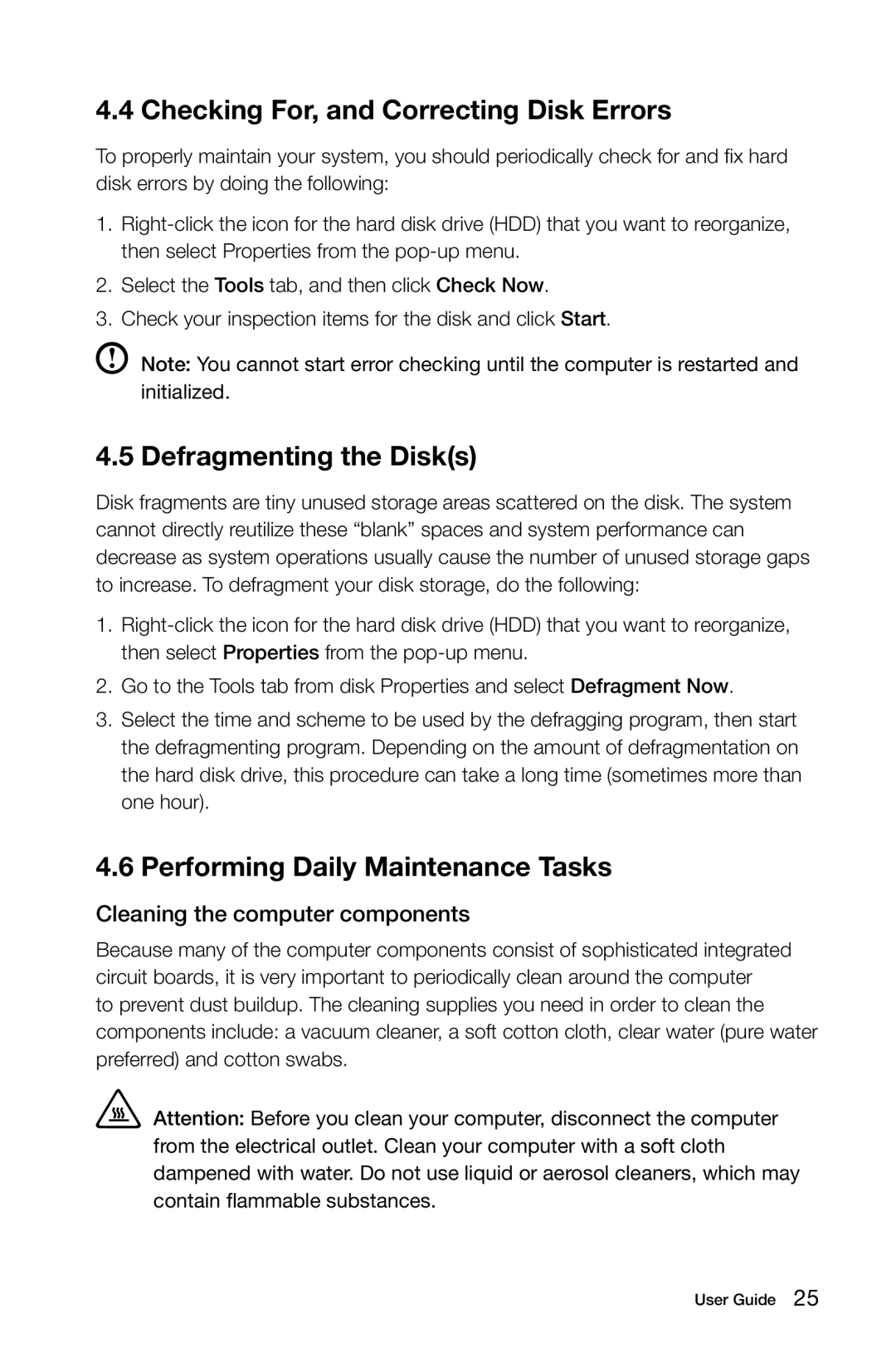 Lenovo C2 manual Checking For, and Correcting Disk Errors, Defragmenting the Disks, Performing Daily Maintenance Tasks 