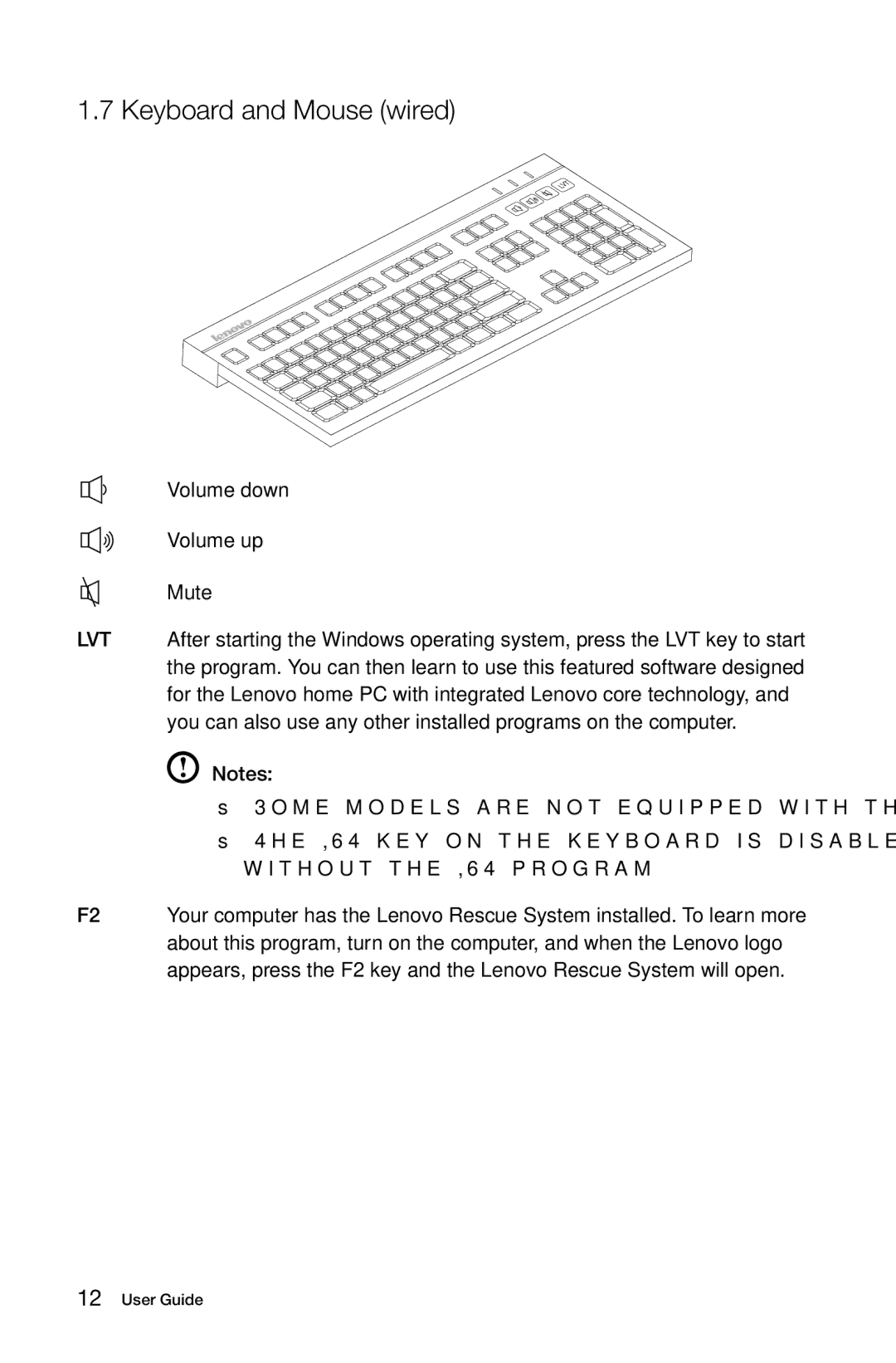 Lenovo C310, C315 manual Keyboard and Mouse wired, Volume down Volume up Mute 