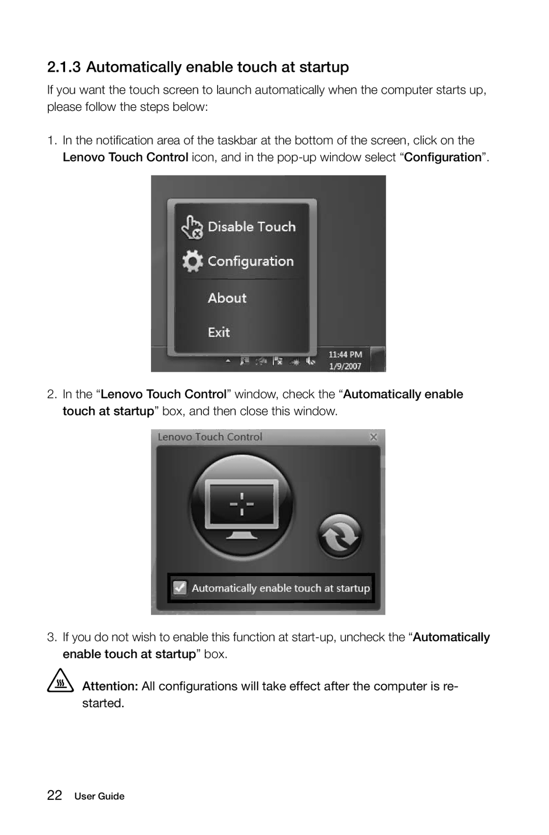 Lenovo C310, C315 manual Automatically enable touch at startup 