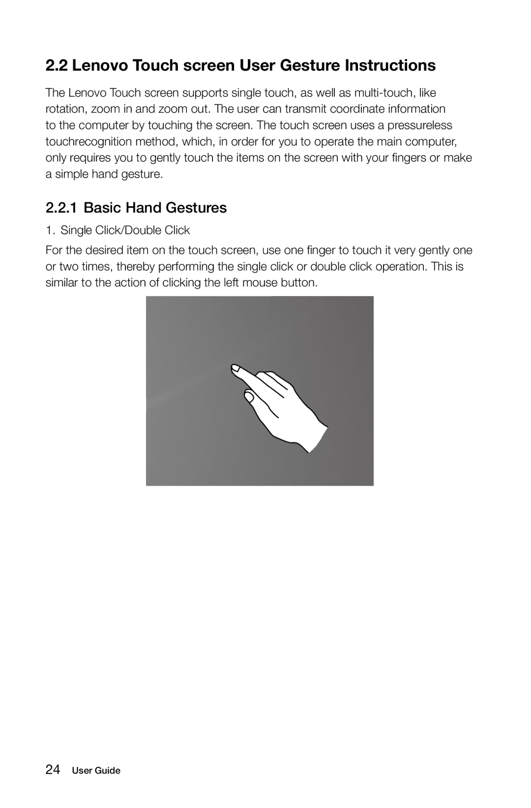 Lenovo C310, C315 manual Lenovo Touch screen User Gesture Instructions, Basic Hand Gestures 