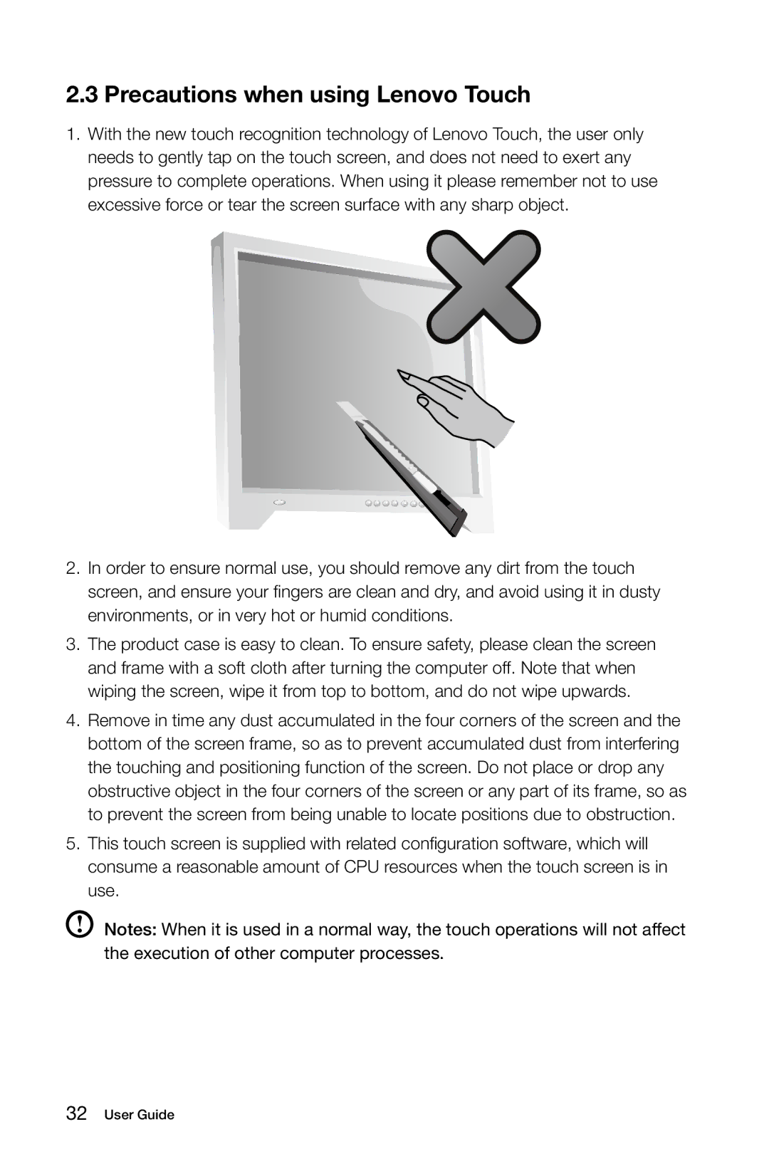 Lenovo C310, C315 manual Precautions when using Lenovo Touch 