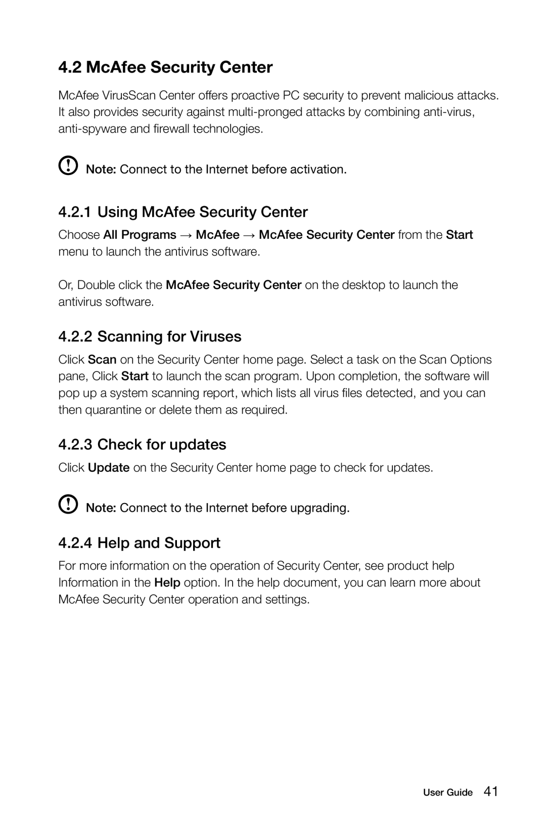 Lenovo C315, C310 manual Using McAfee Security Center, Scanning for Viruses, Check for updates, Help and Support 