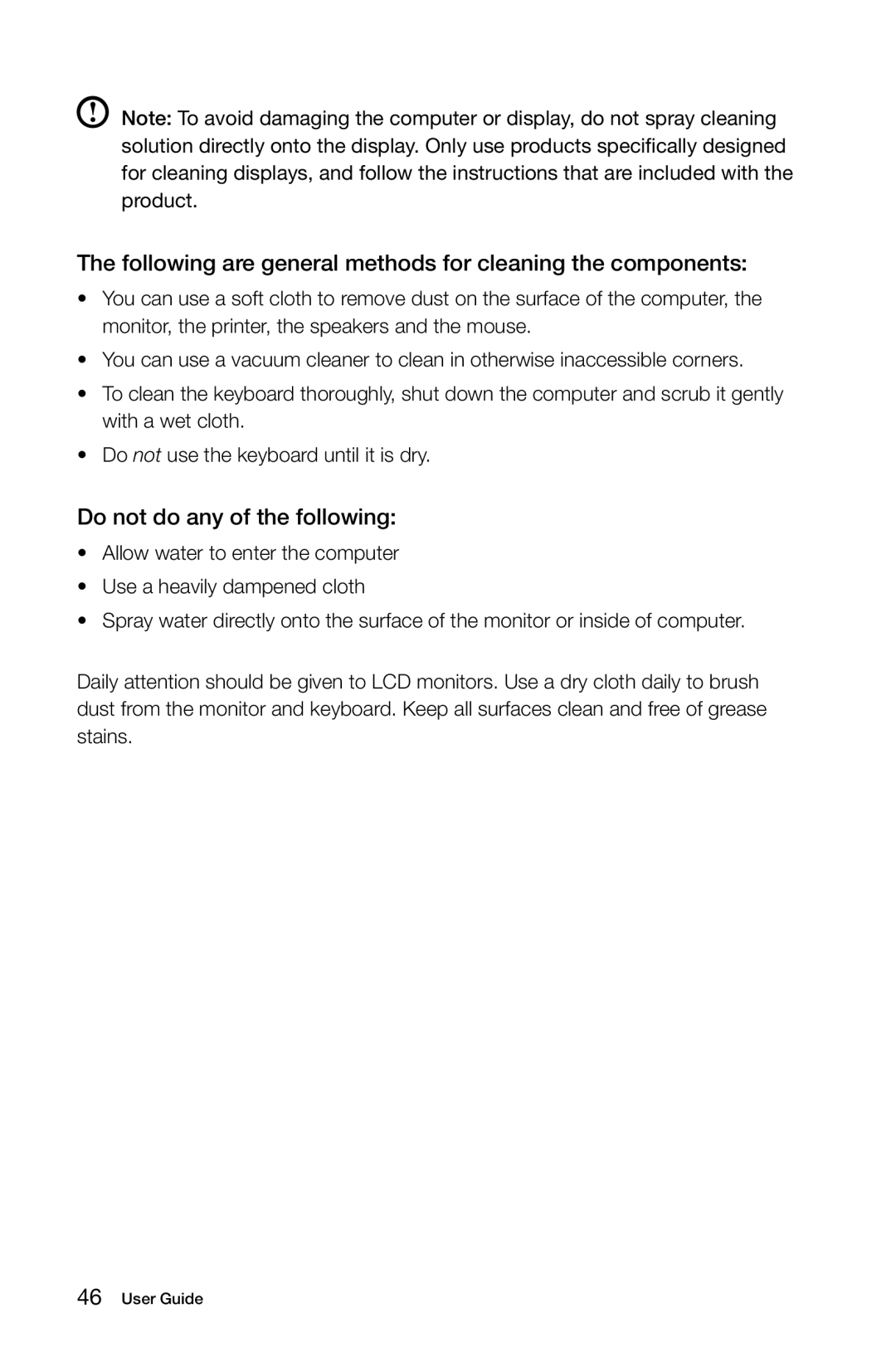 Lenovo C310, C315 manual Following are general methods for cleaning the components 