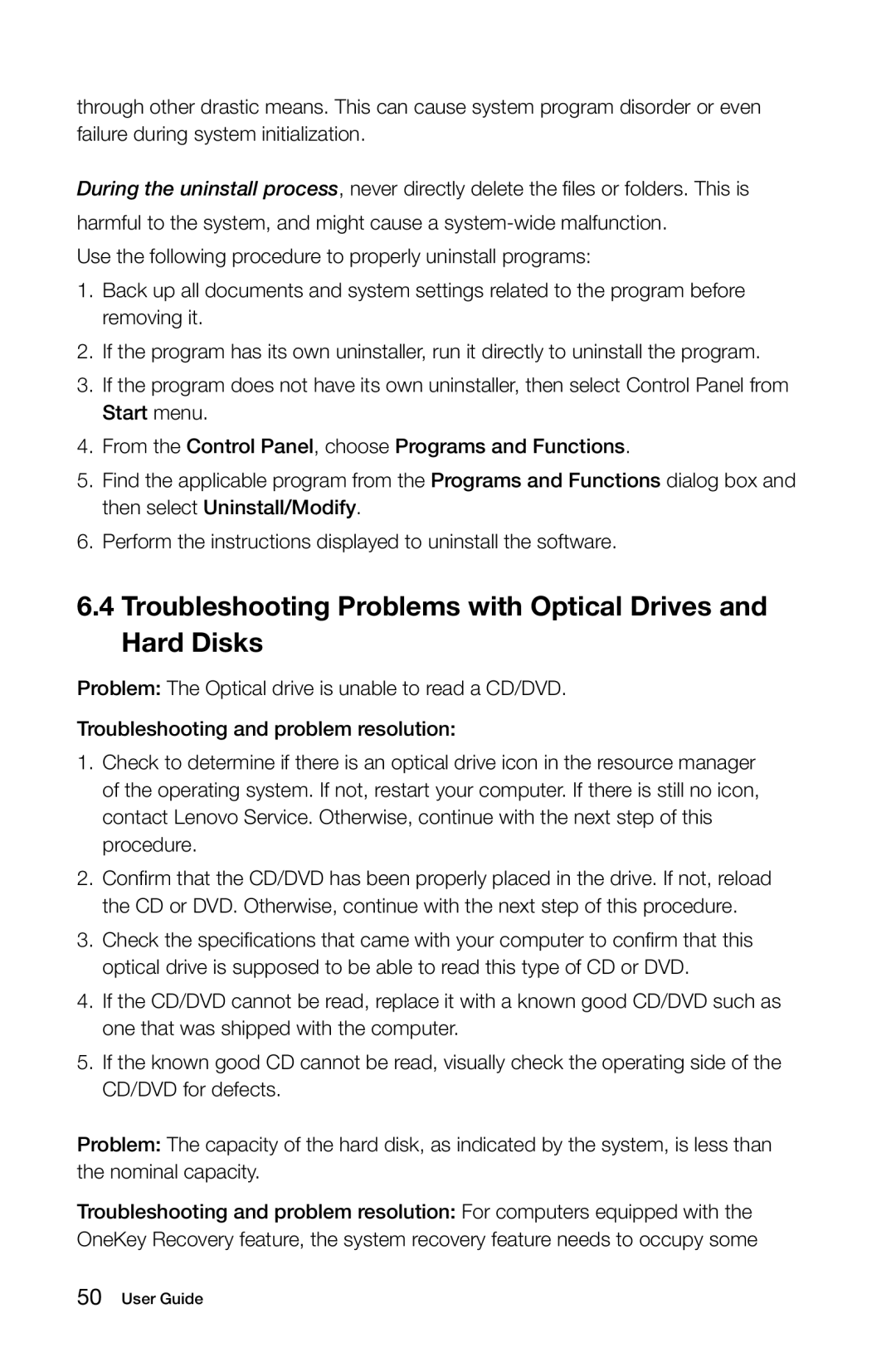 Lenovo C310, C315 manual Troubleshooting Problems with Optical Drives and Hard Disks 