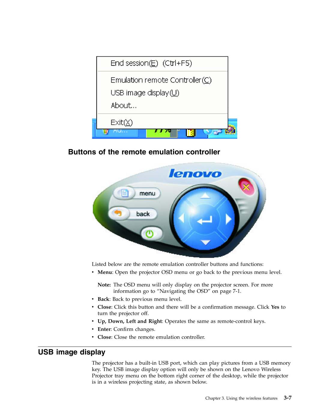Lenovo C400 manual Buttons of the remote emulation controller, USB image display 