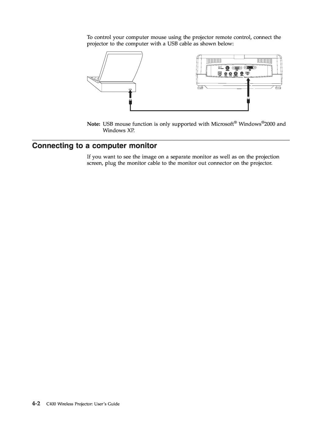 Lenovo manual Connecting to a computer monitor, 4-2 C400 Wireless Projector: User’s Guide 
