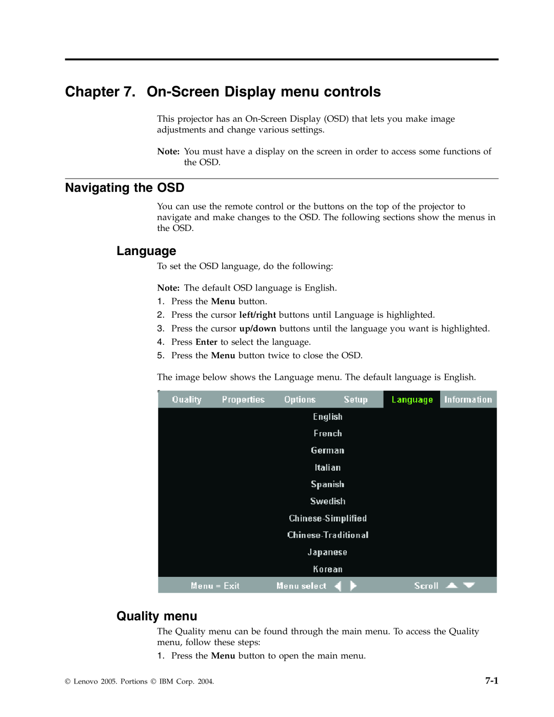 Lenovo C400 manual On-ScreenDisplay menu controls, Navigating the OSD, Language, Quality menu 