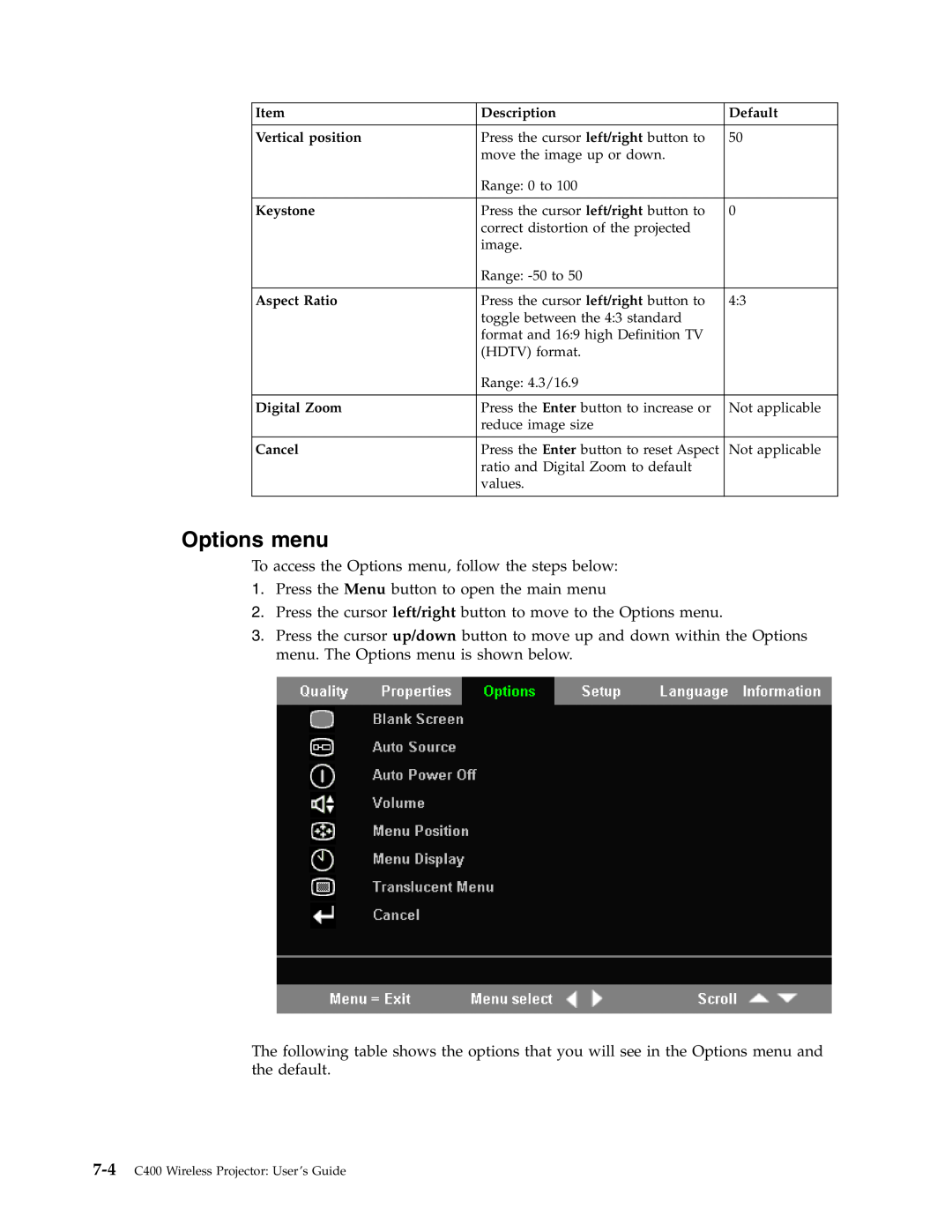 Lenovo C400 manual Options menu 