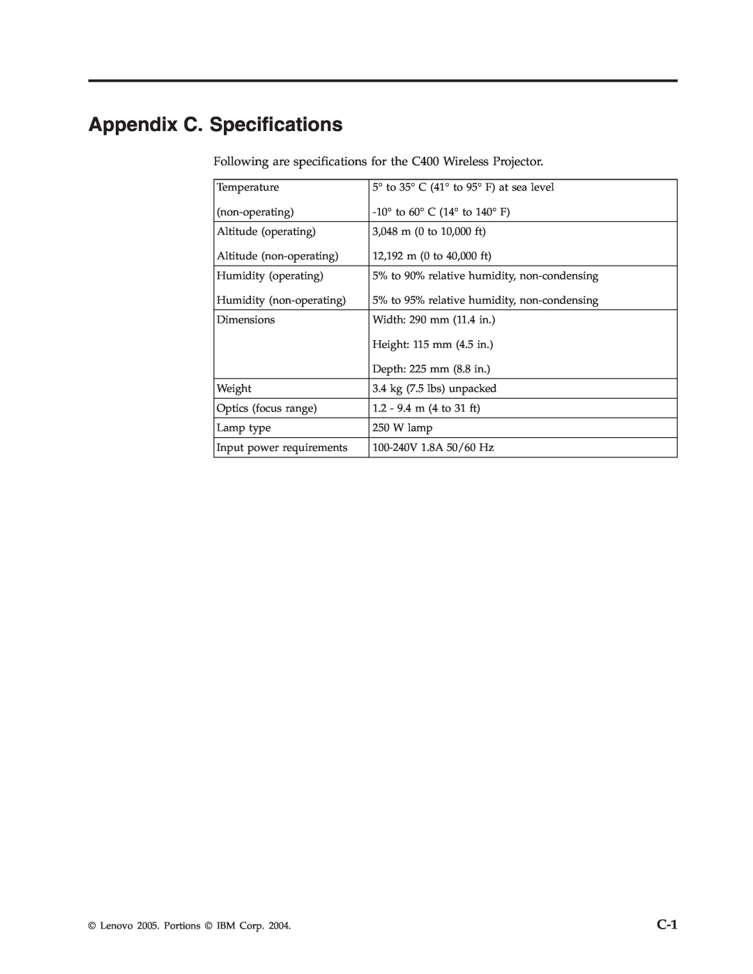 Lenovo C400 manual Appendix C. Specifications 