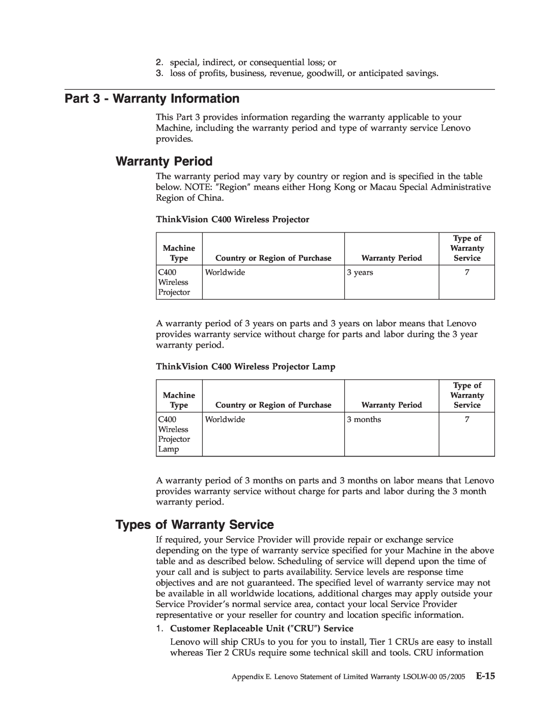 Lenovo Part 3 - Warranty Information, Warranty Period, Types of Warranty Service, ThinkVision C400 Wireless Projector 