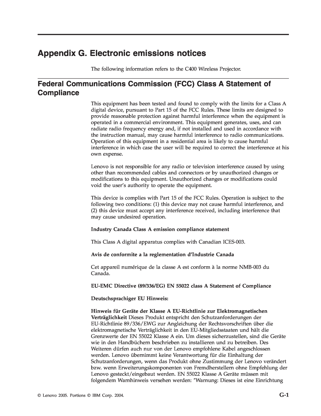 Lenovo C400 manual Appendix G. Electronic emissions notices, Deutschsprachiger EU Hinweis 