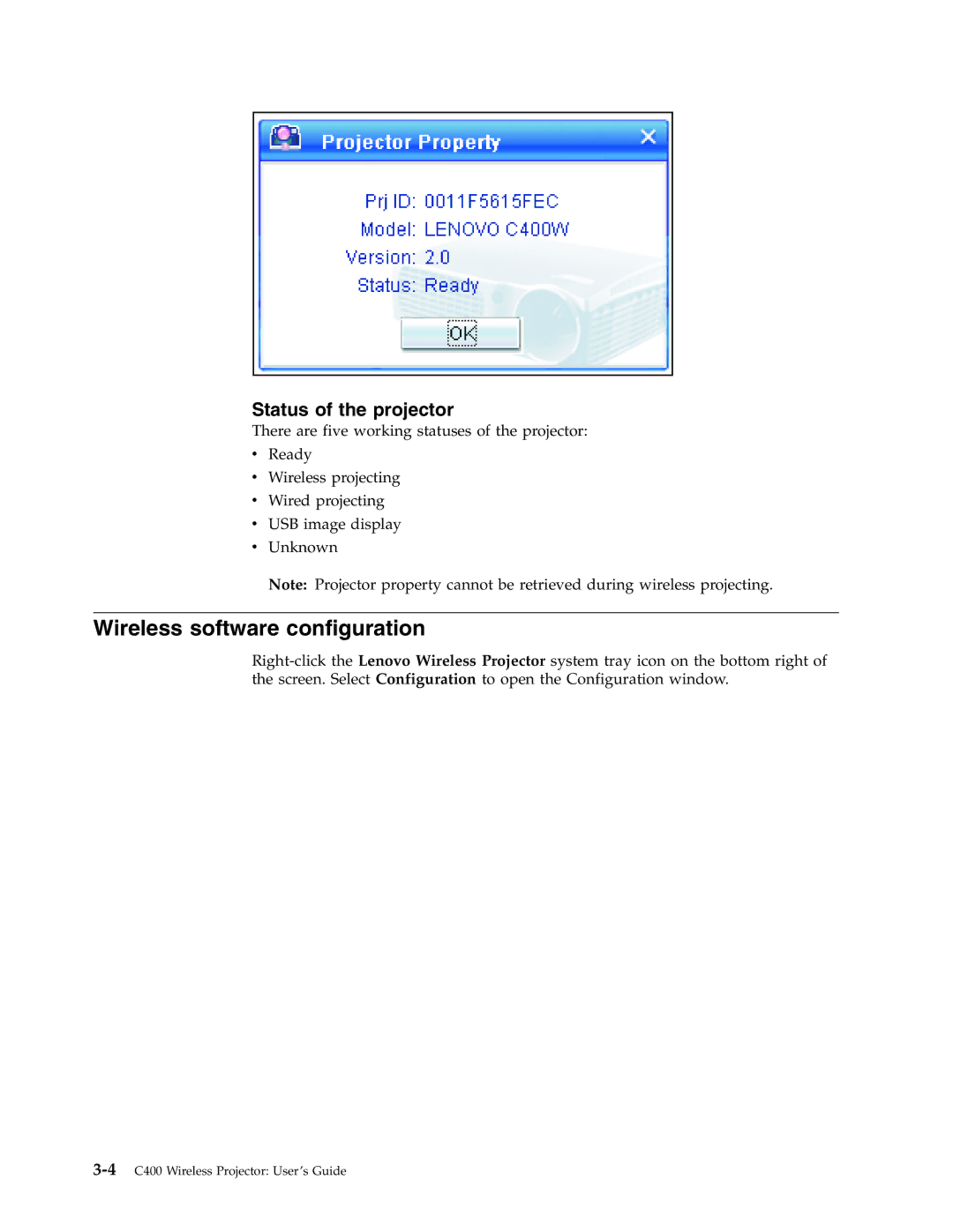 Lenovo C400 manual Wireless software configuration, Status of the projector 
