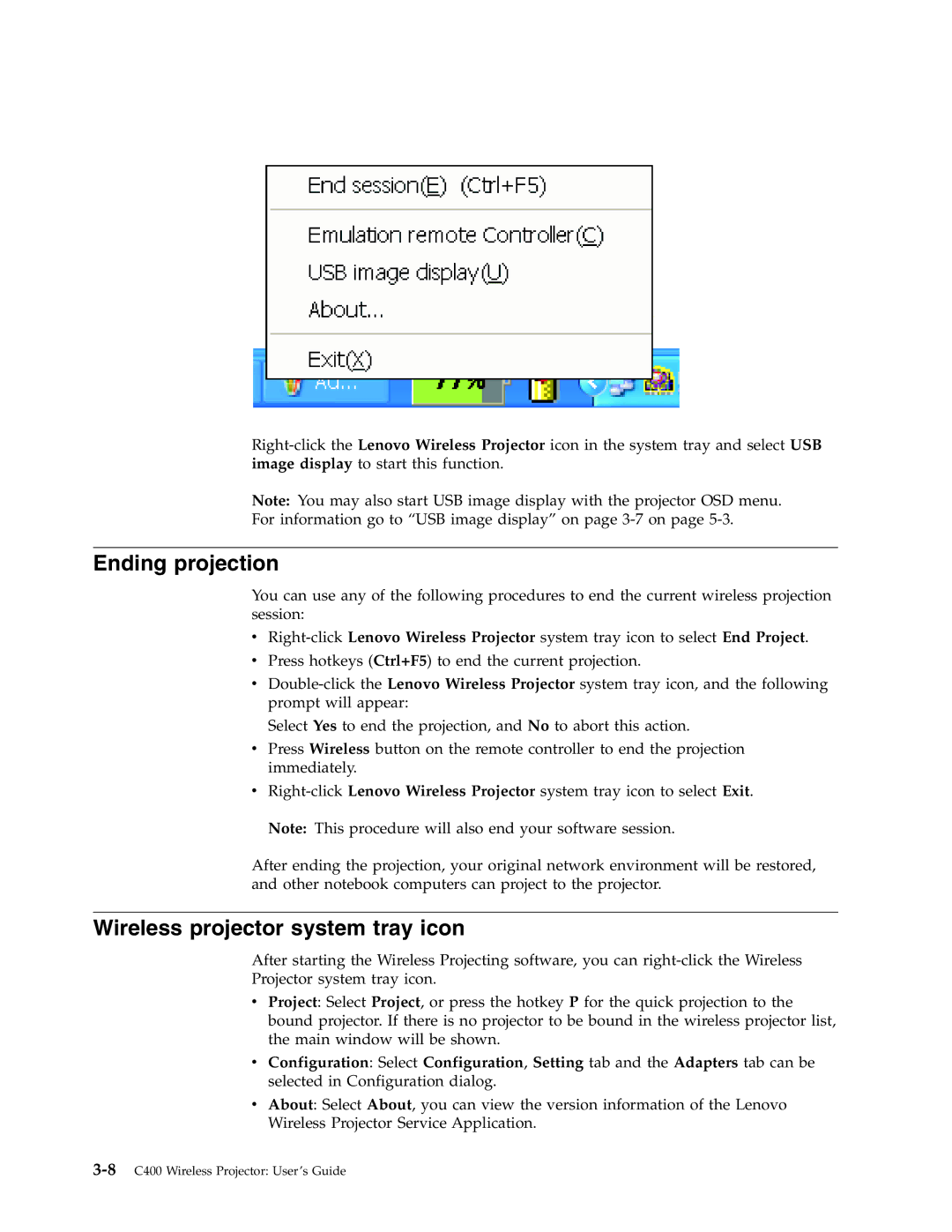 Lenovo C400 manual Ending projection, Wireless projector system tray icon 