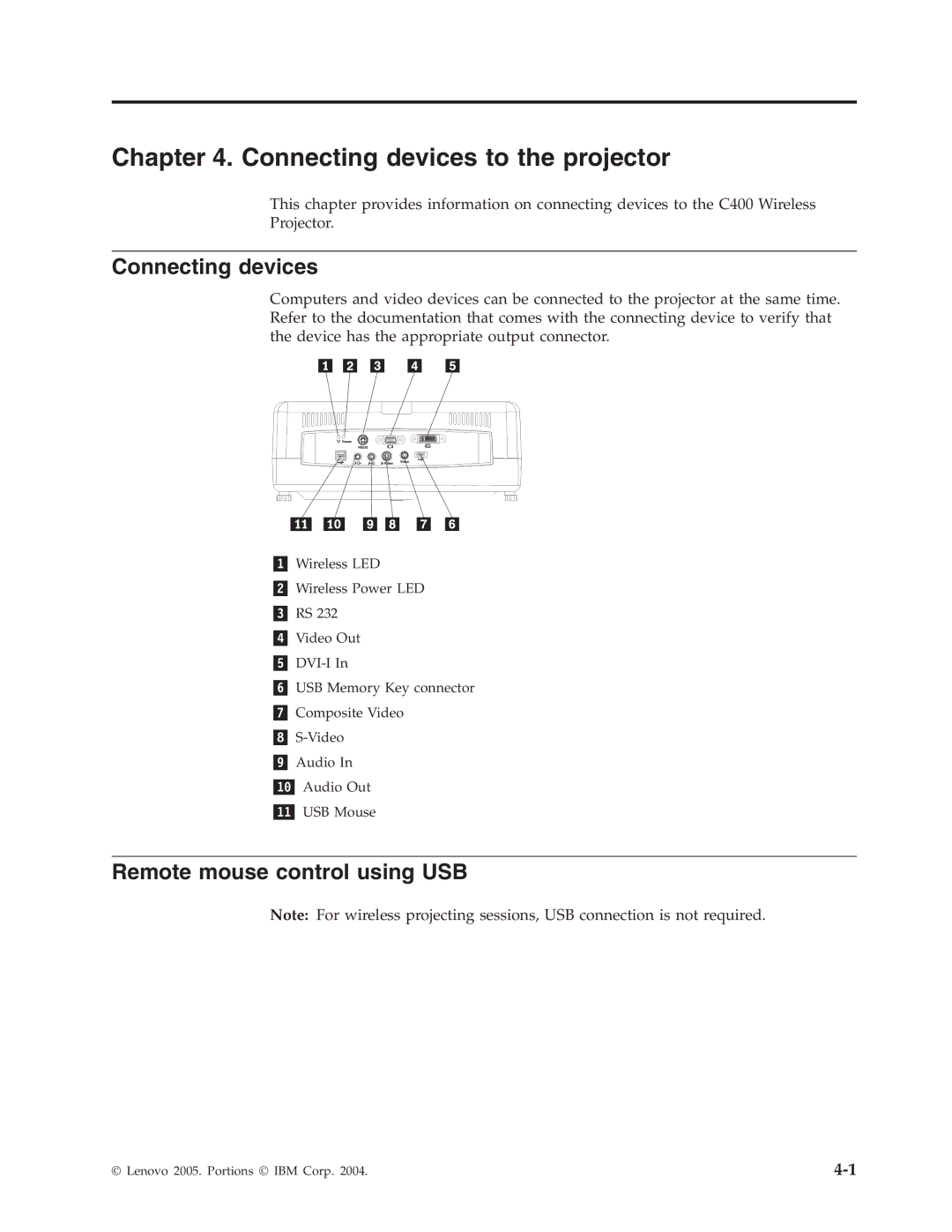 Lenovo C400 manual Connecting devices to the projector, Remote mouse control using USB 