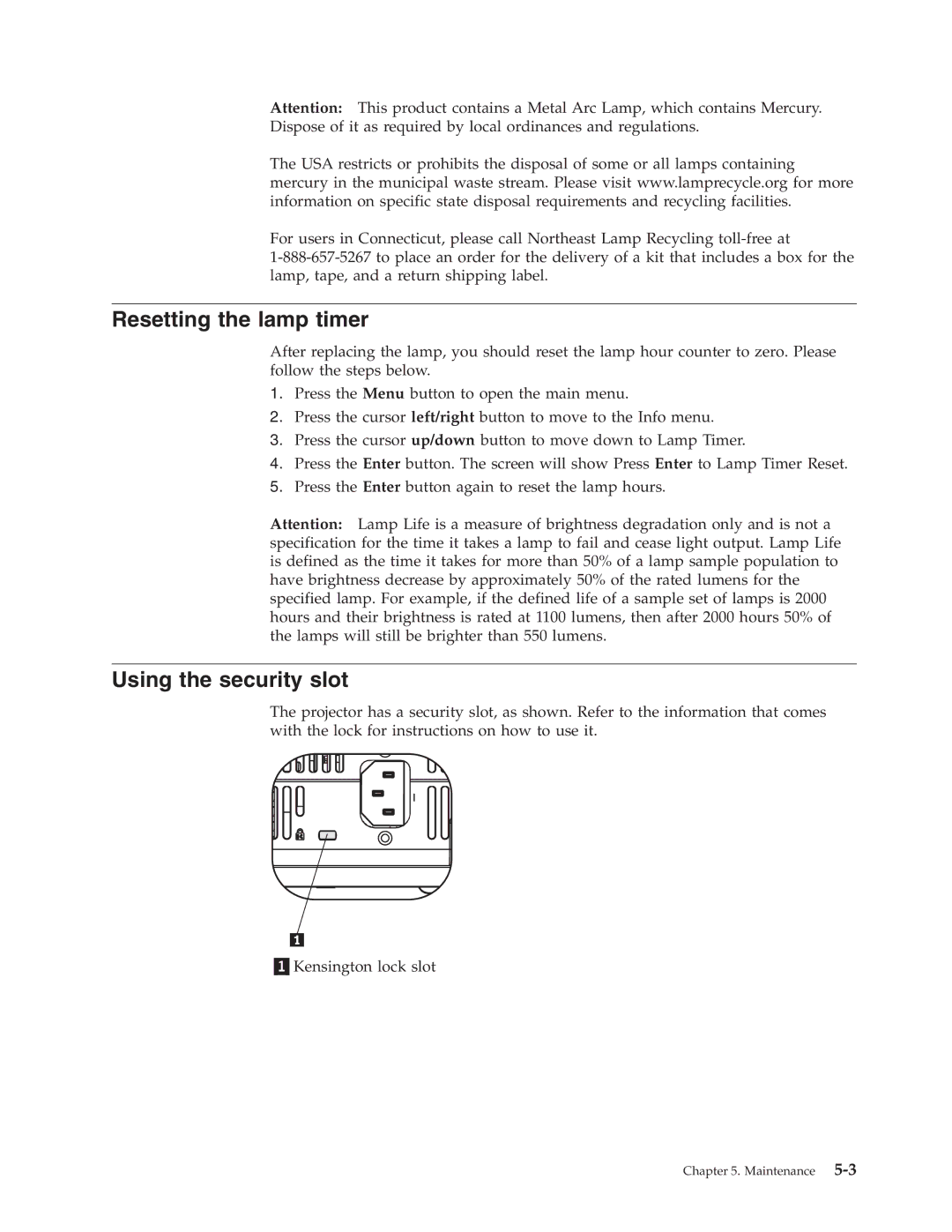 Lenovo C400 manual Resetting the lamp timer, Using the security slot 