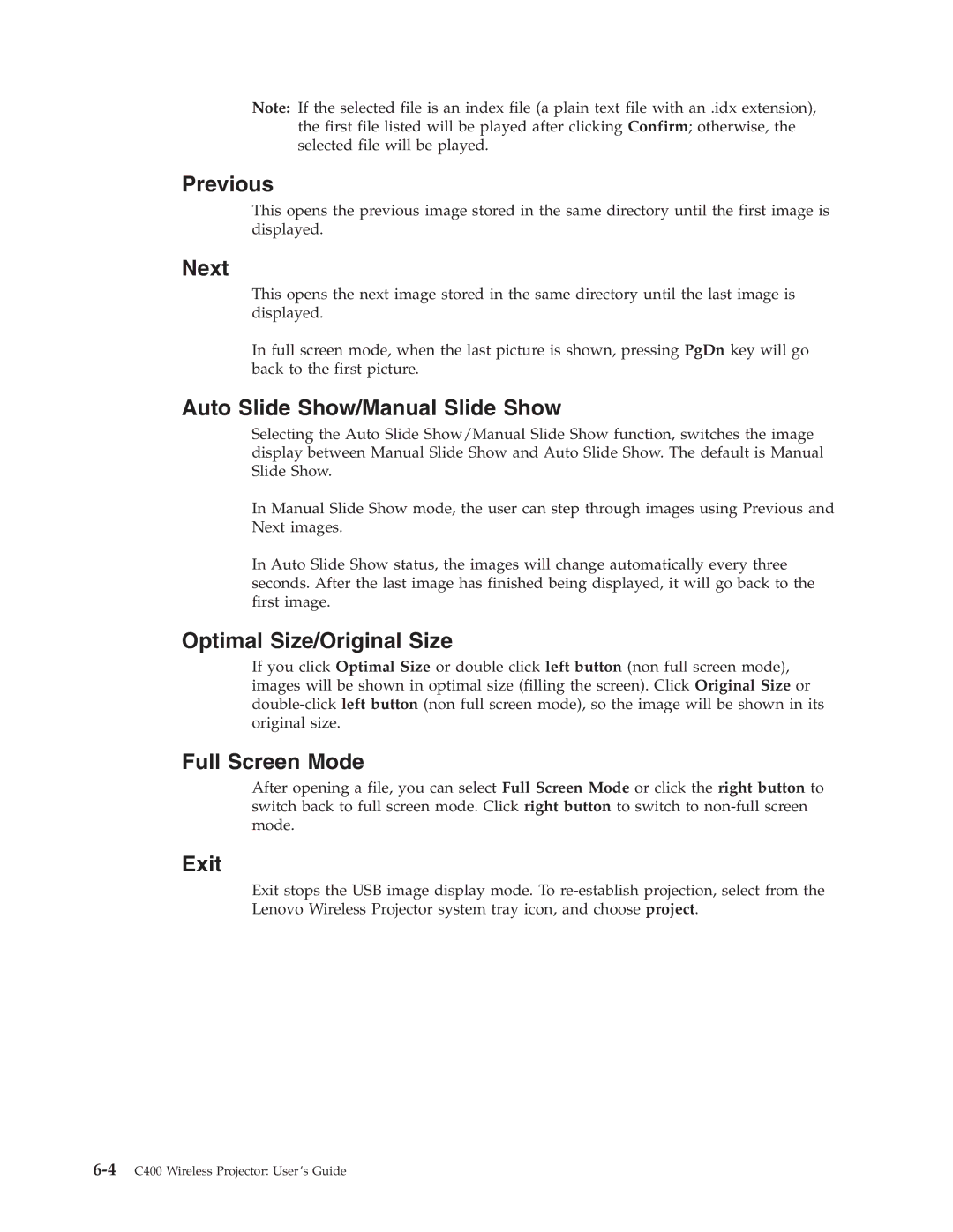 Lenovo C400 manual Previous, Next, Auto Slide Show/Manual Slide Show, Optimal Size/Original Size, Full Screen Mode 