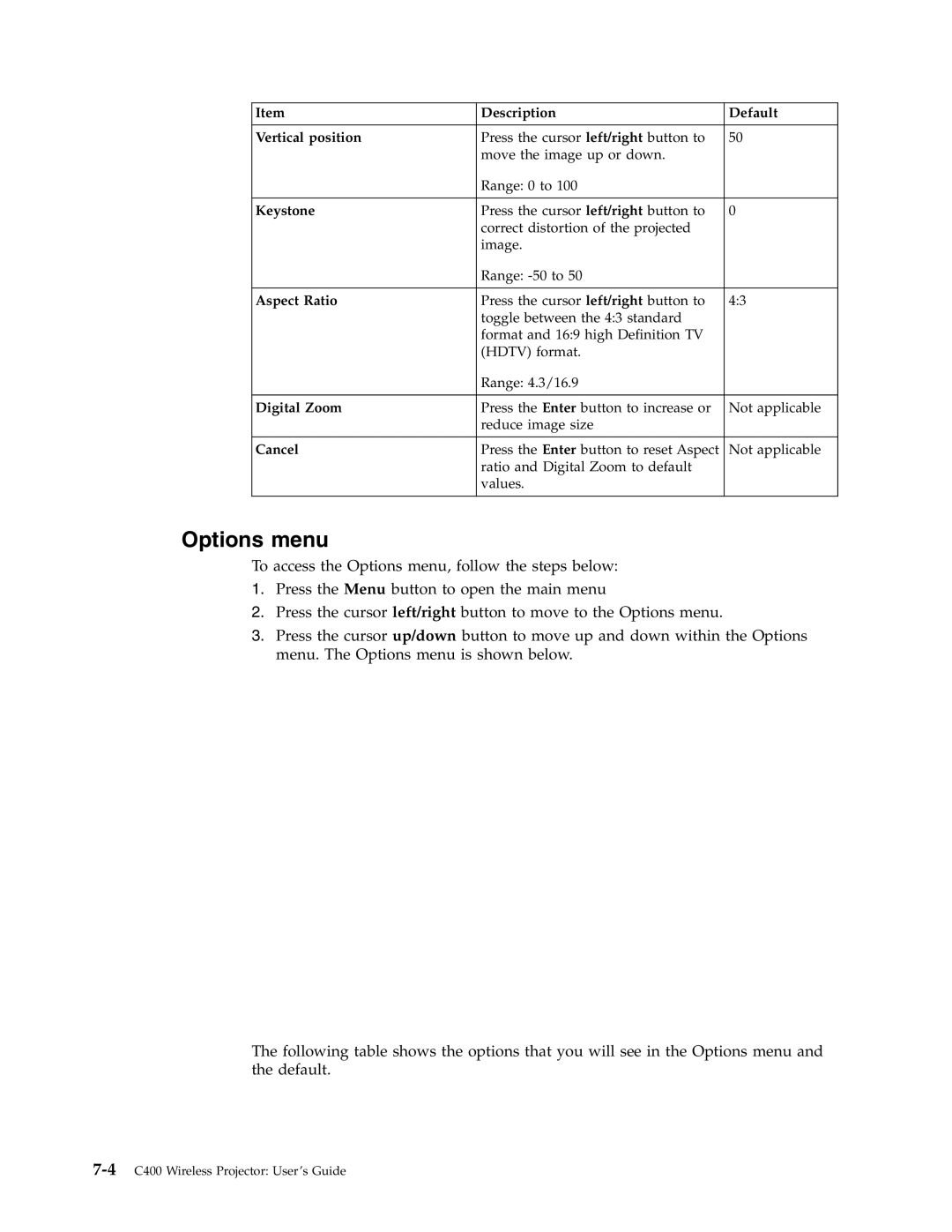 Lenovo C400 manual Options menu, Description Default Vertical position, Keystone, Aspect Ratio, Digital Zoom 