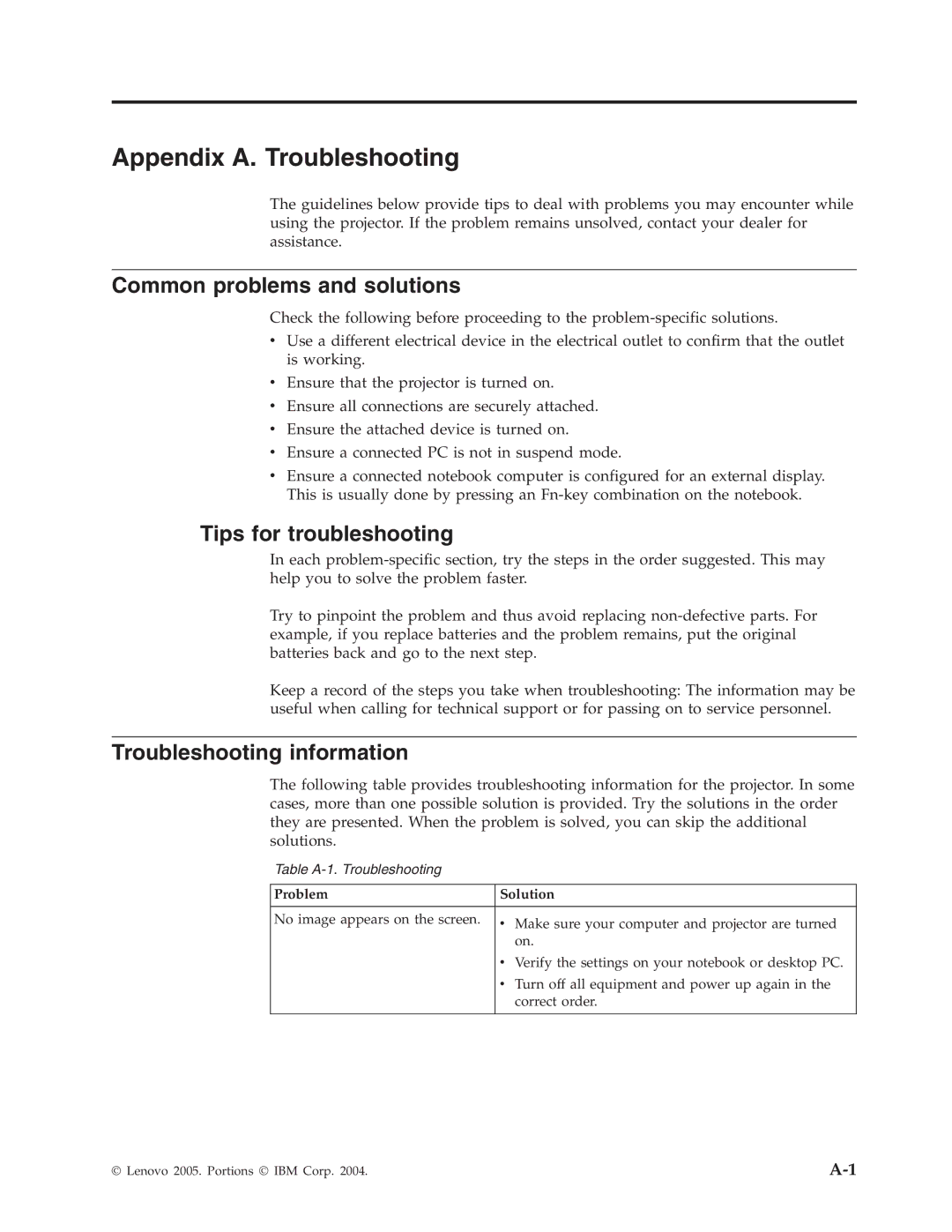 Lenovo C400 manual Appendix A. Troubleshooting, Common problems and solutions, Tips for troubleshooting, Problem Solution 