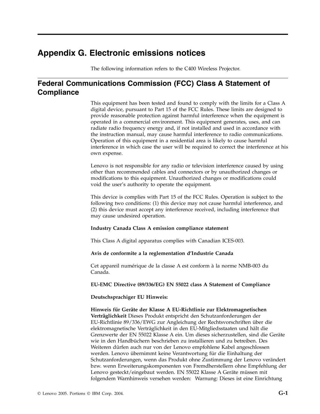 Lenovo C400 manual Appendix G. Electronic emissions notices, Industry Canada Class a emission compliance statement 