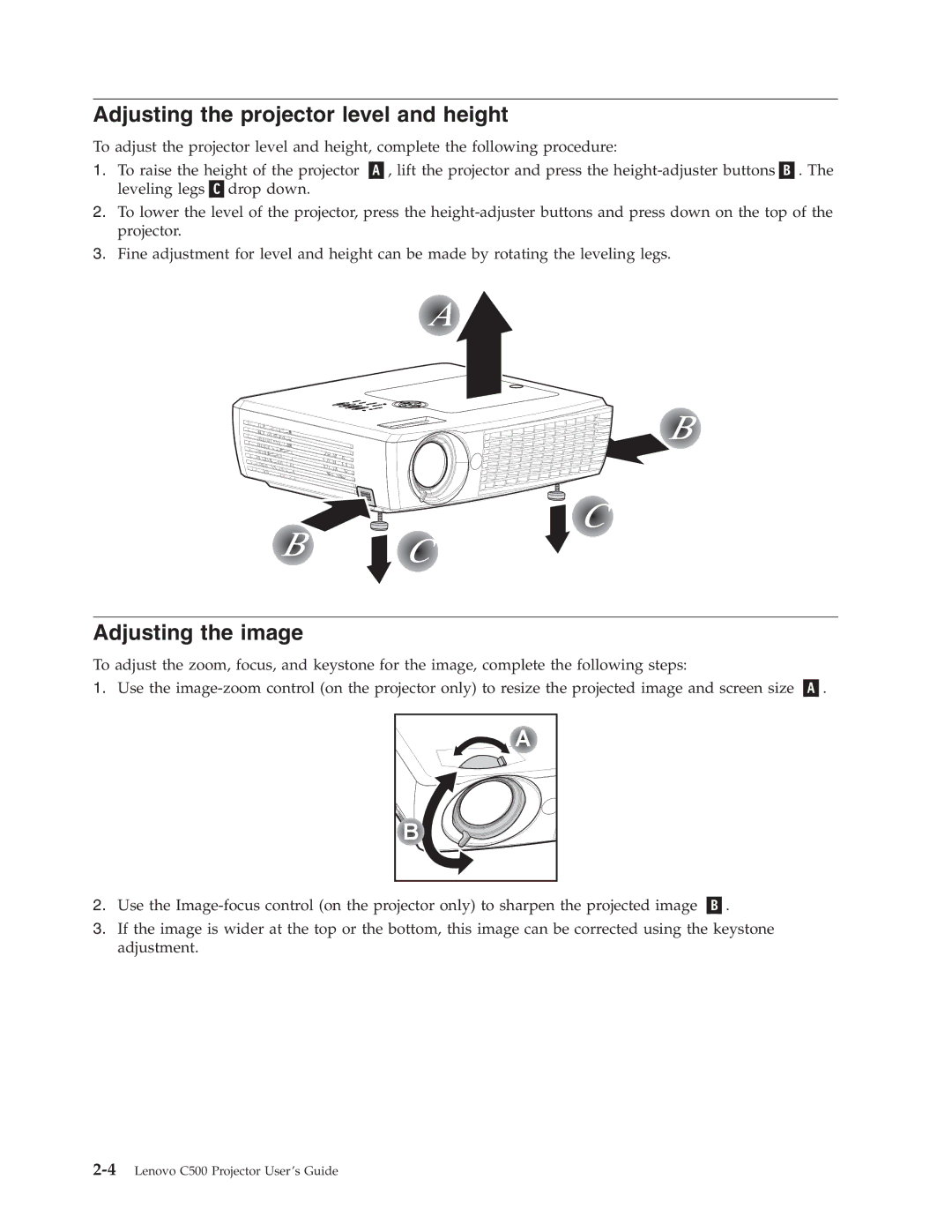 Lenovo C500 manual Adjusting the projector level and height, Adjusting the image 