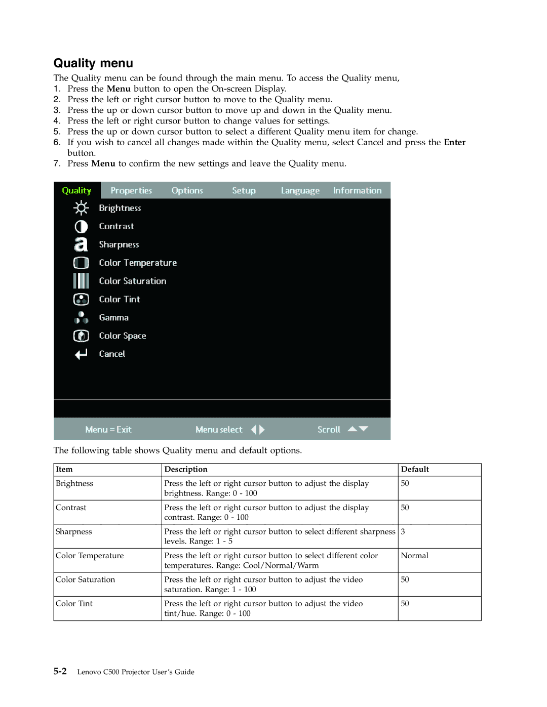 Lenovo C500 manual Quality menu, Description Default 