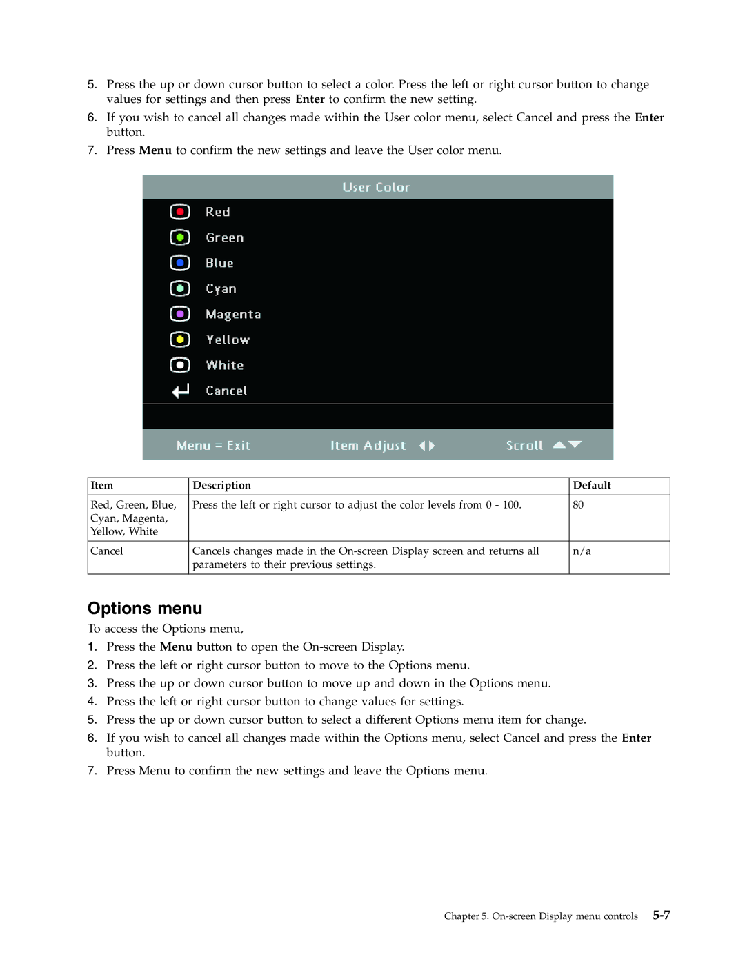 Lenovo C500 manual Options menu 