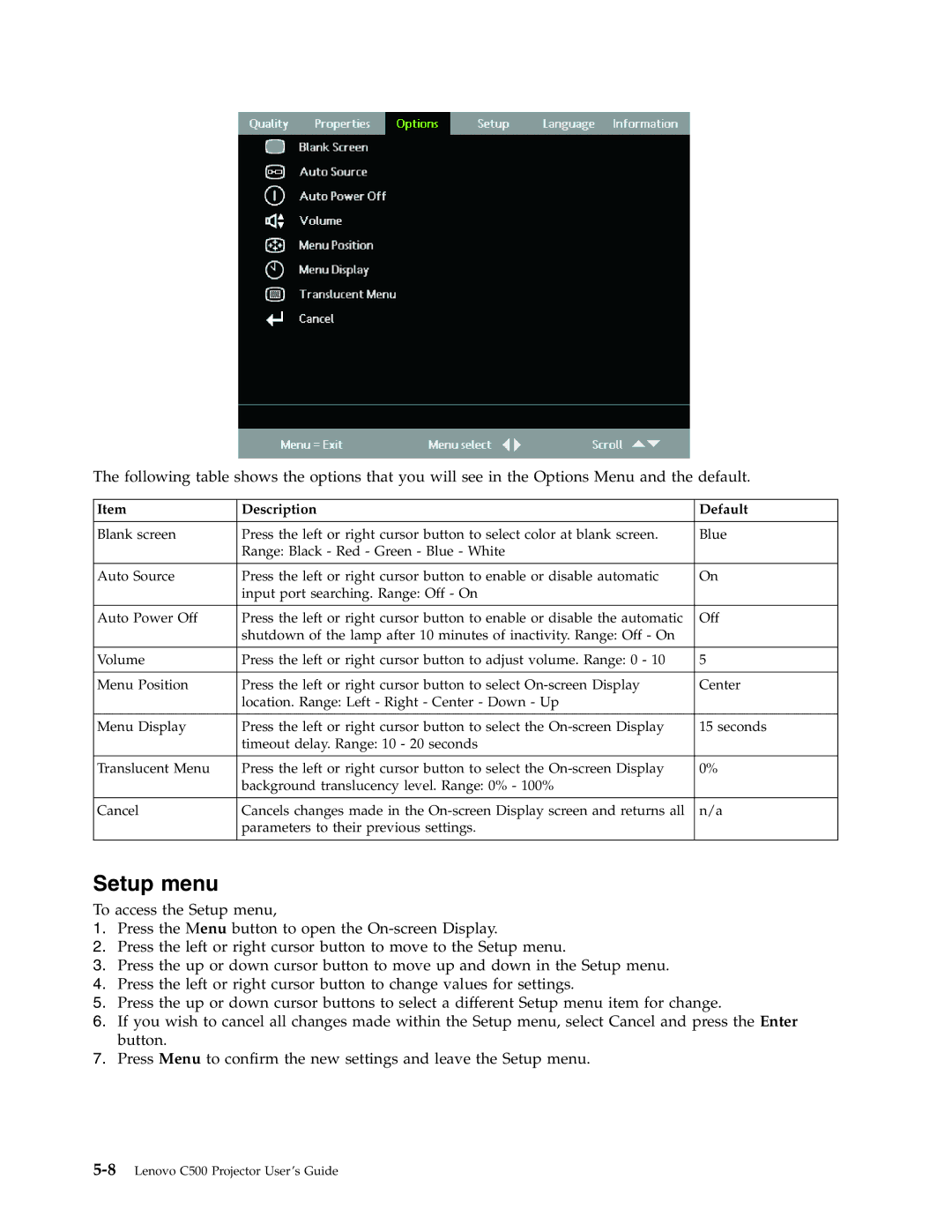 Lenovo C500 manual Setup menu 