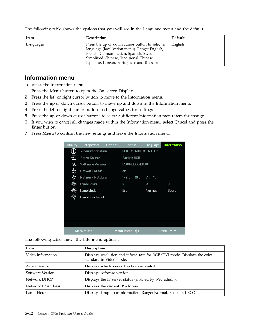 Lenovo C500 manual Information menu, Description 