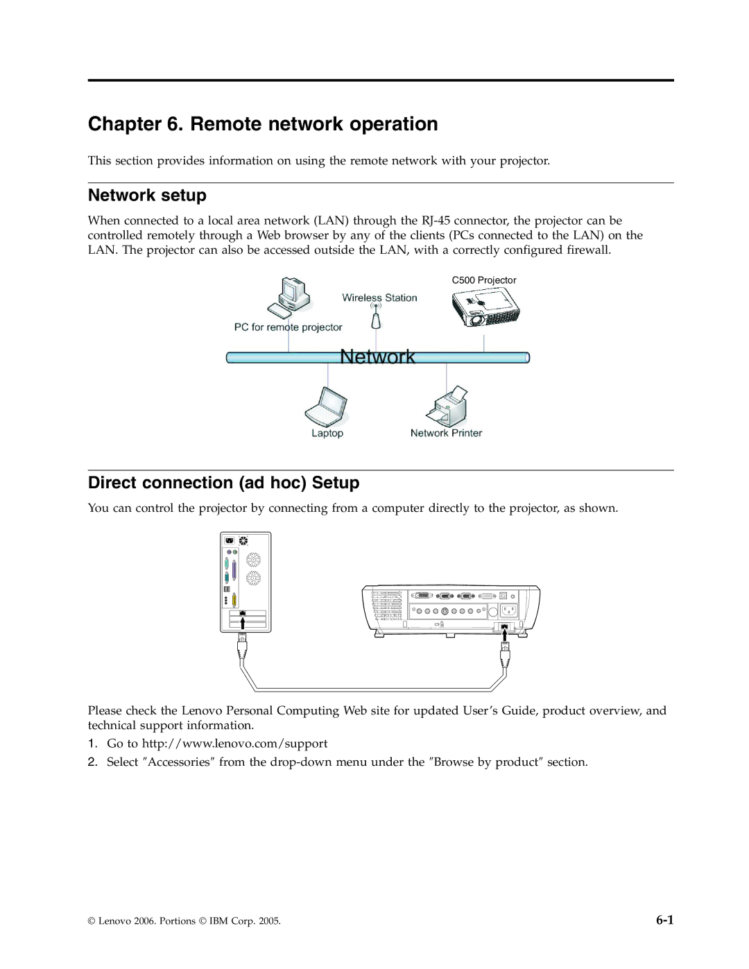 Lenovo C500 manual Remote network operation, Network setup, Direct connection ad hoc Setup 