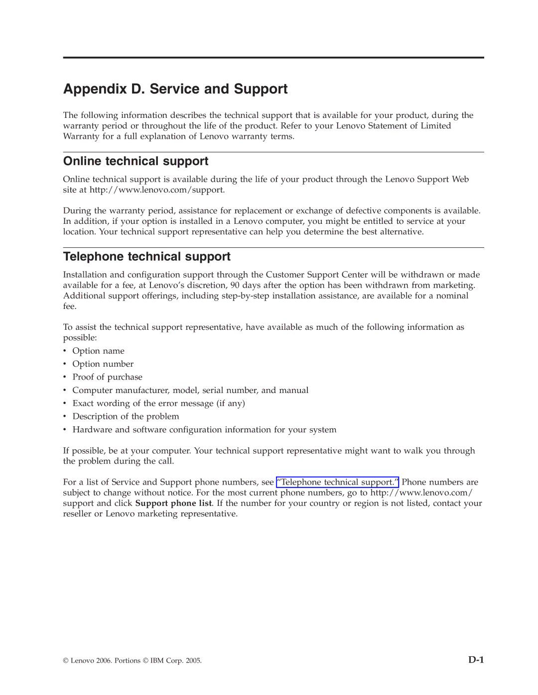 Lenovo C500 manual Appendix D. Service and Support, Online technical support, Telephone technical support 