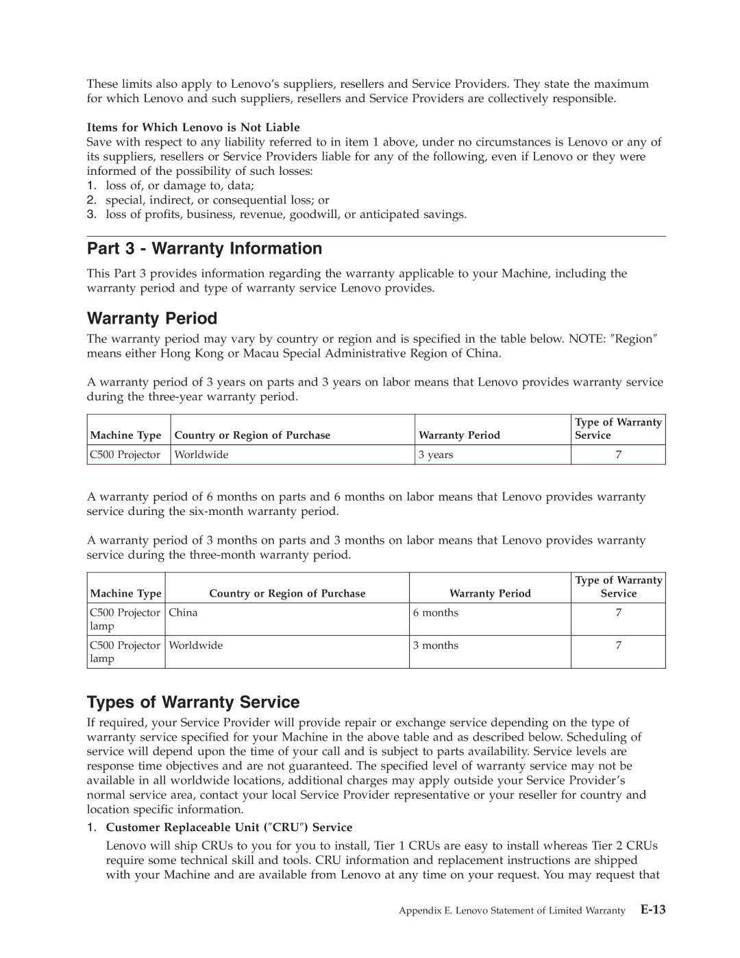 Lenovo C500 manual Part 3 Warranty Information, Warranty Period, Types of Warranty Service 