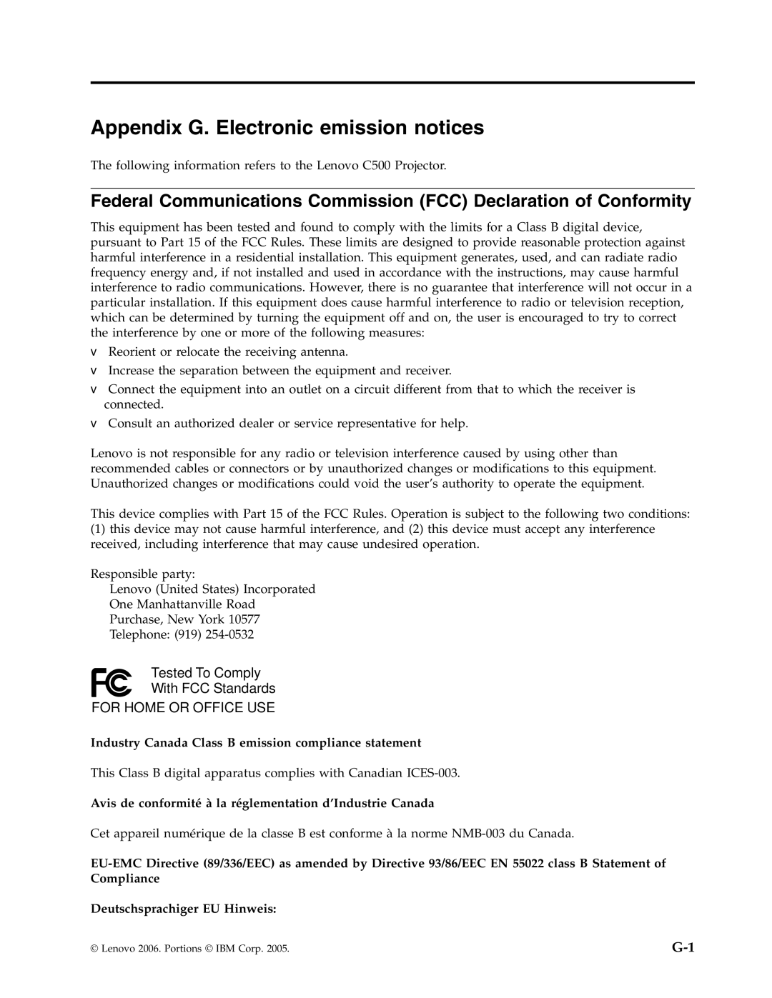 Lenovo C500 manual Appendix G. Electronic emission notices, Industry Canada Class B emission compliance statement 