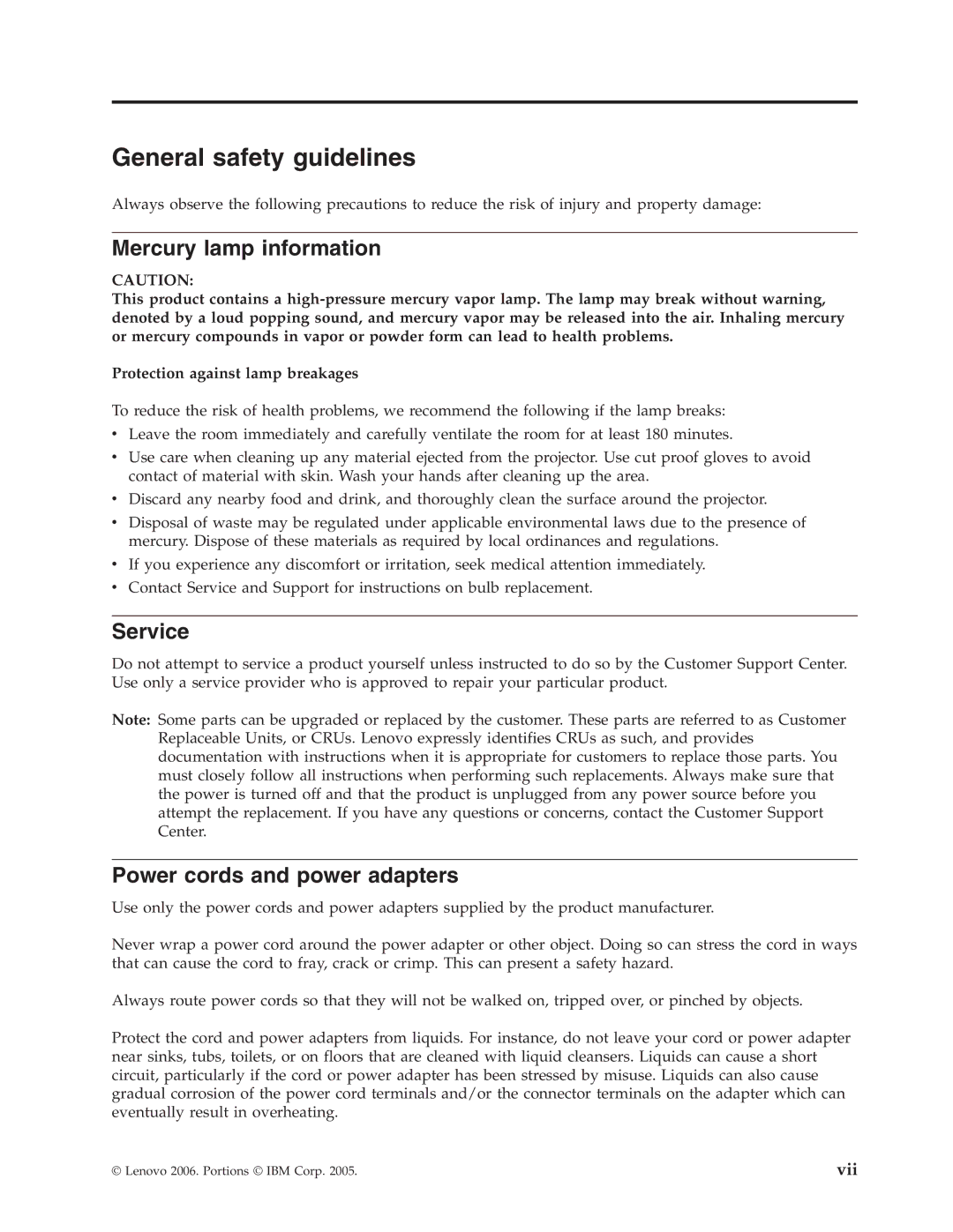 Lenovo C500 manual General safety guidelines, Mercury lamp information, Service, Power cords and power adapters 