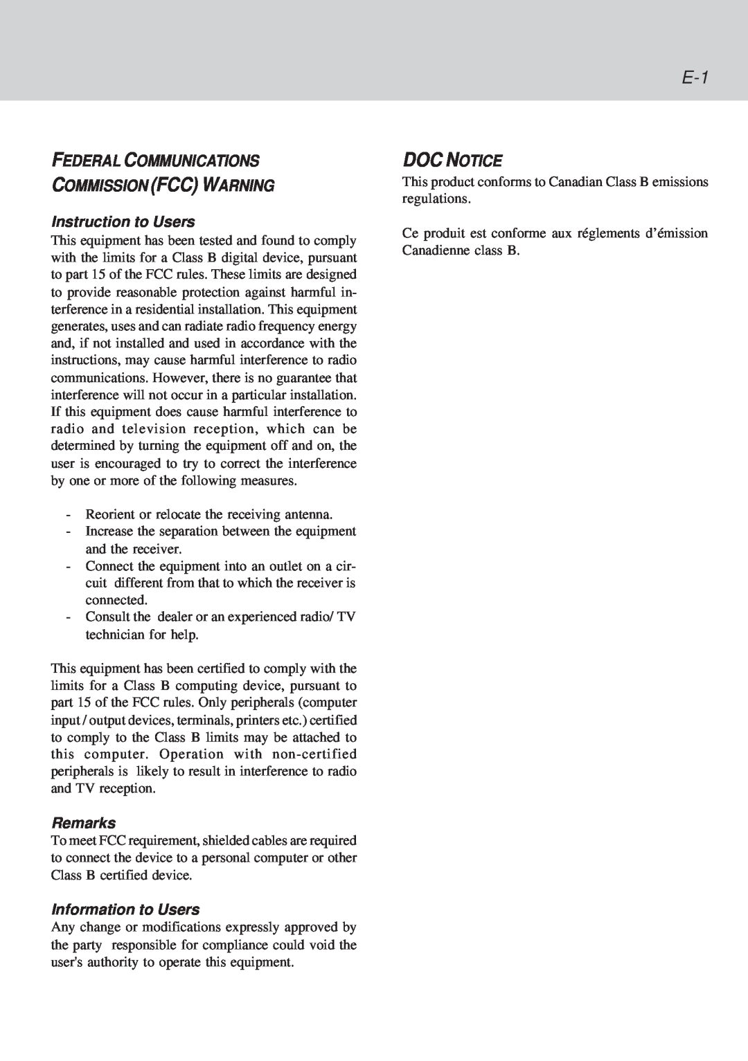 Lenovo C51 manual Doc Notice, Federal Communications Commission Fcc Warning, Instruction to Users, Remarks 