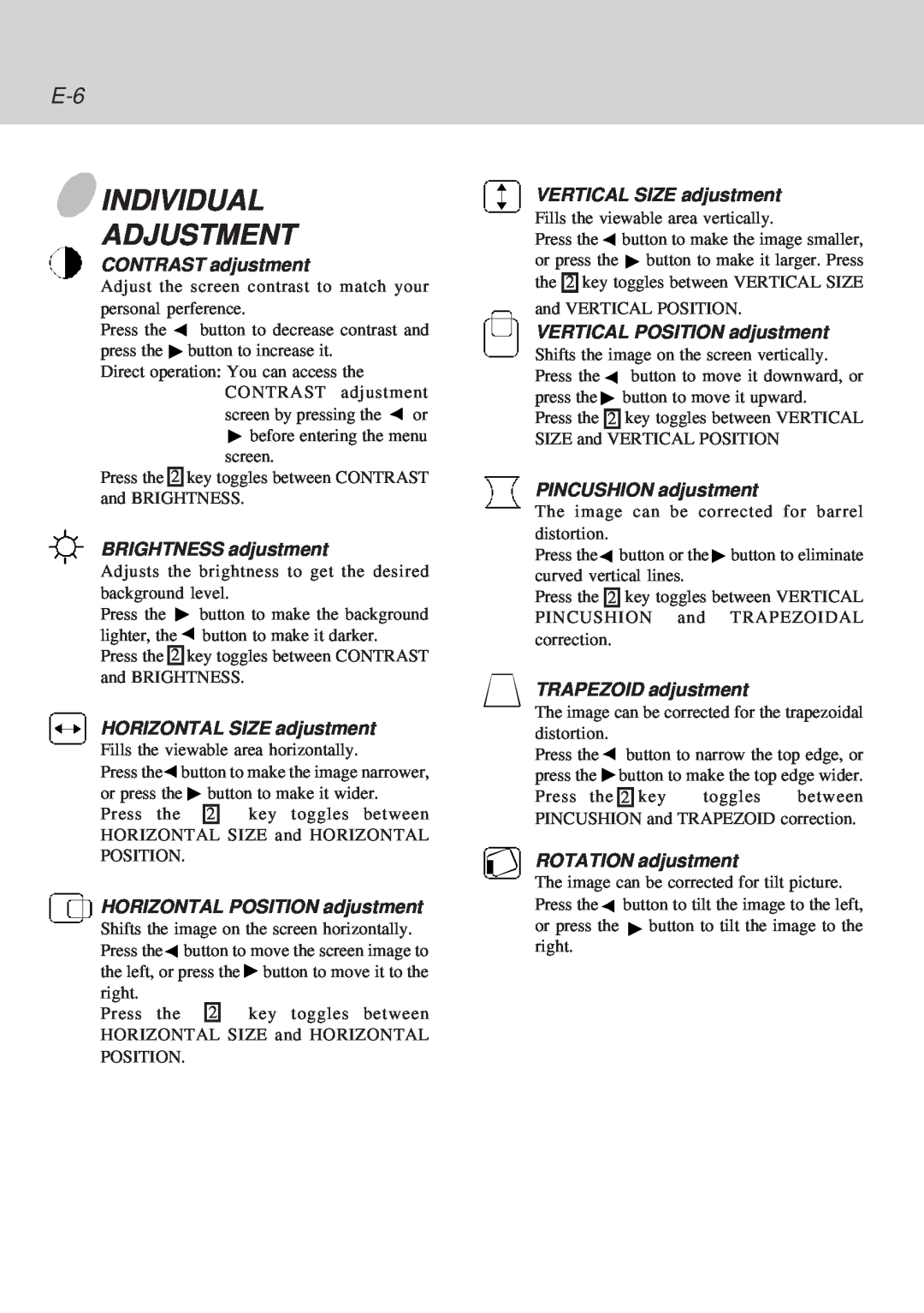 Lenovo C52 manual Individual Adjustment, CONTRAST adjustment, BRIGHTNESS adjustment, HORIZONTAL SIZE adjustment 
