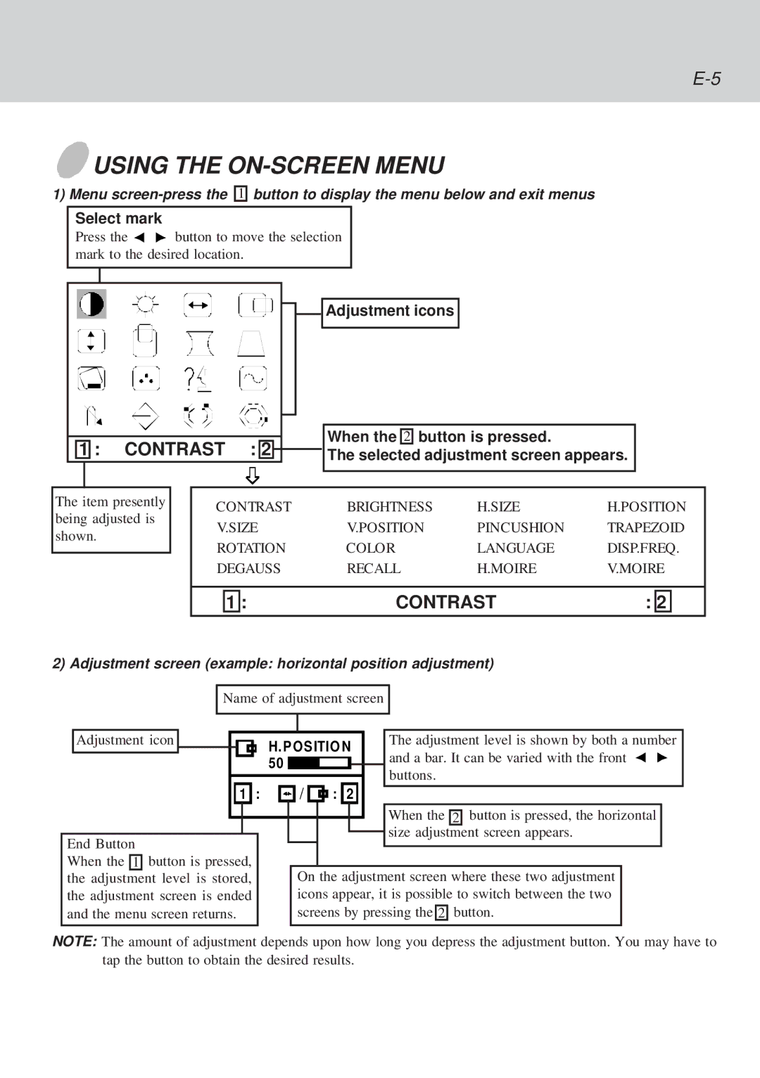 Lenovo C52 manual Using the ON-SCREEN Menu, Adjustment screen example horizontal position adjustment 